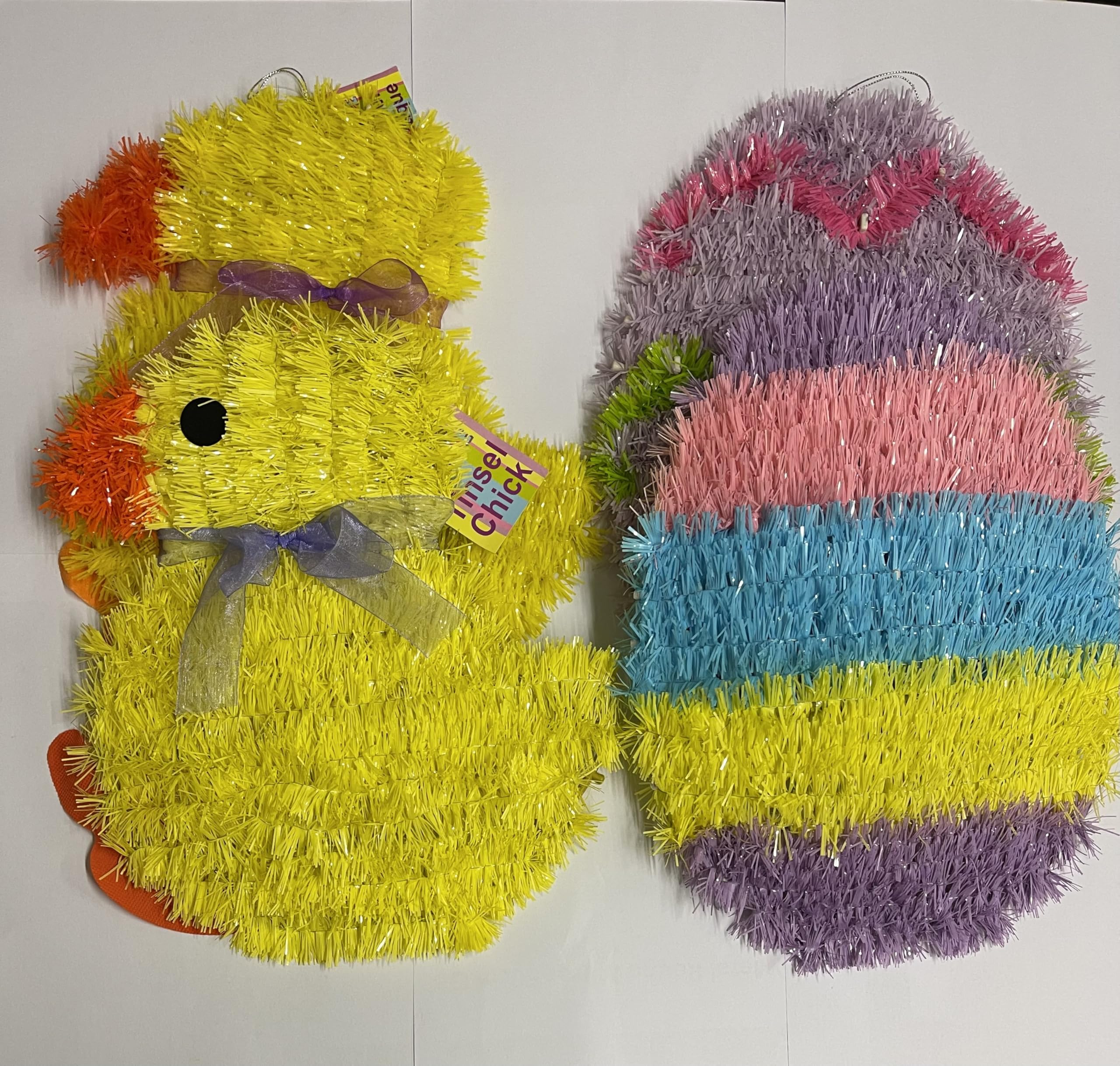 A&D Green Easter Chick & Easter Egg Tinsel Wall Plaque Hanging Decoration, 28Cm, 2 Of Each