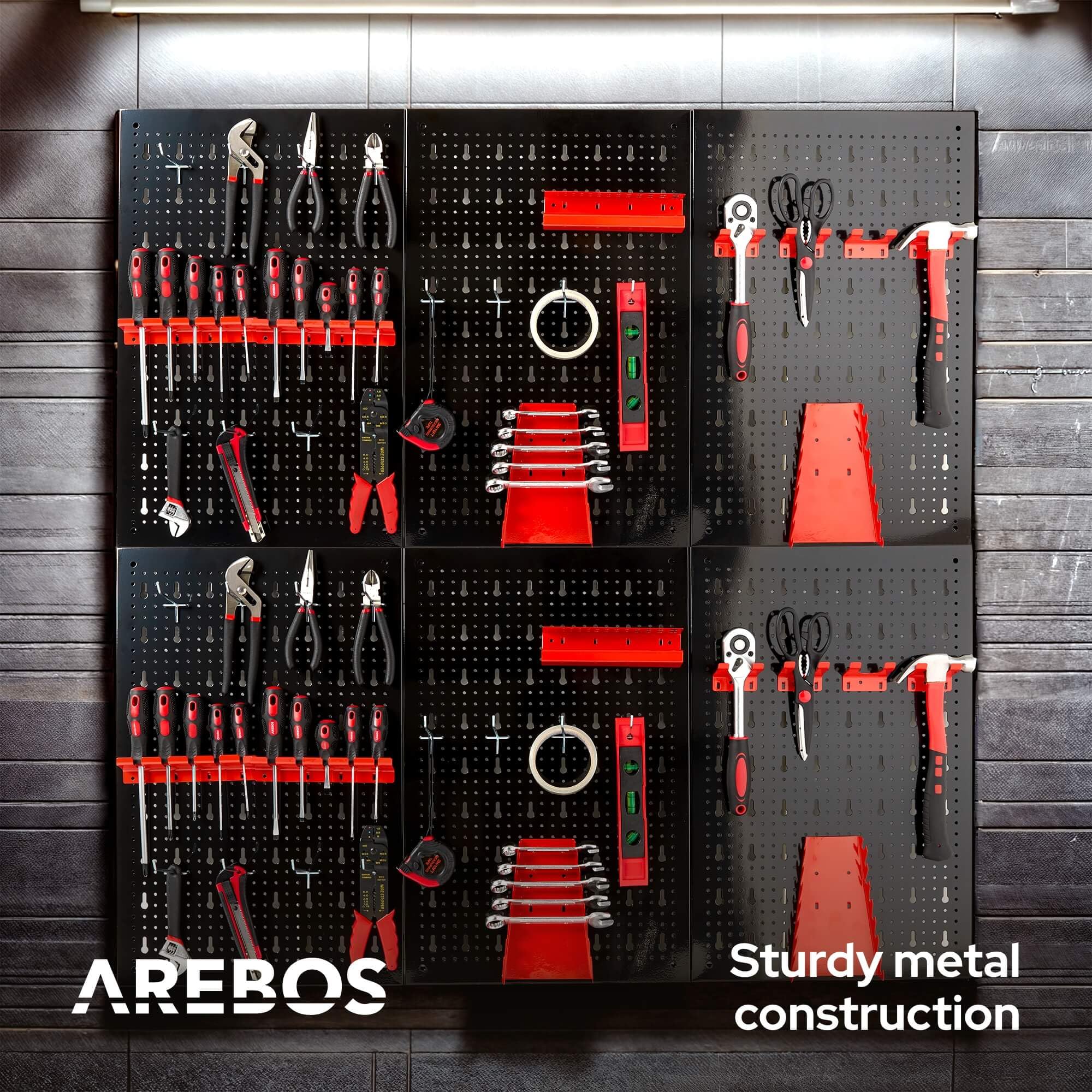 Arebos Panel Portaherramientas de Pared 6 Piezas | Kit con 34 Ganchos | 235,2x59,5 cm | Panel Perforado Metálico para Taller | Soportes para Herramientas | Incluye Material de Montaje | Rojo