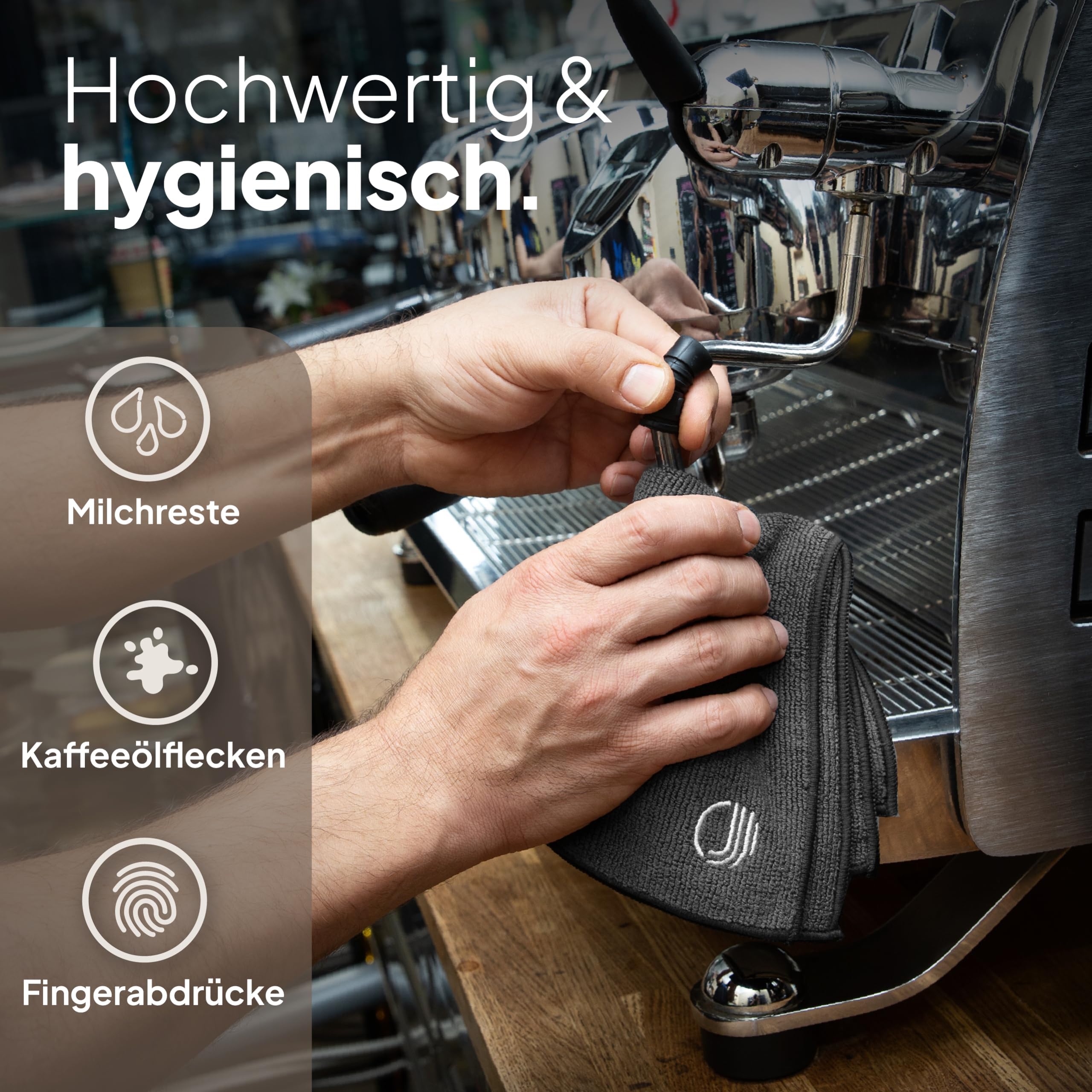 JODORA Barista Tuch + Barista Pinsel Reinigungsset - Siebträger Zubehör - 2 Barista Handtücher extrem saugstark 30x30cm für Siebträgermaschine & Dampfwalze - Kaffee Pinsel (Schwarz)