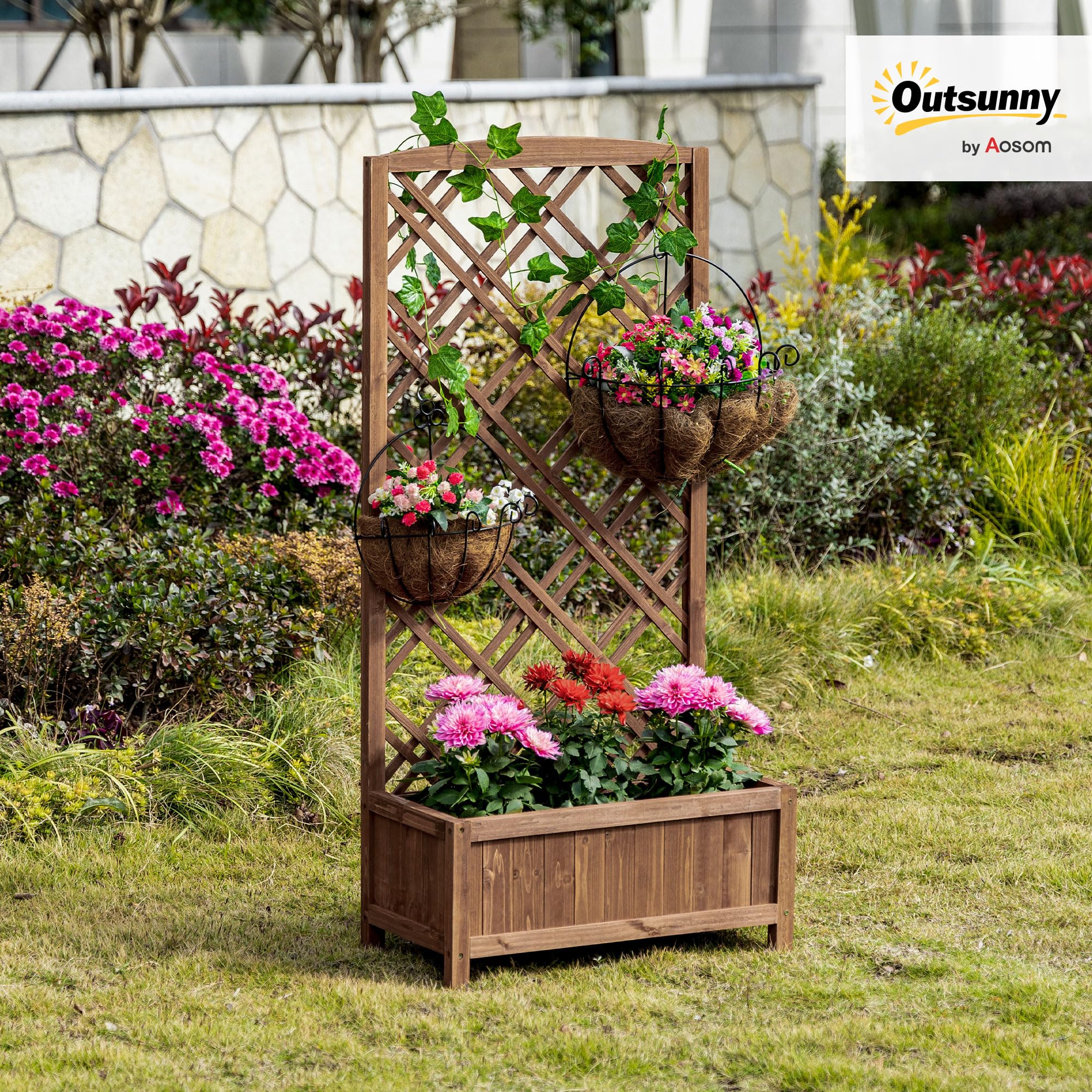 Outsunny Jardinera con Enrejado Jardinera con Celosía de Madera Macetero con Soporte para Trepadora Cultivos Plantas en Exterior Terraza Jardín Balcón 60x30x122,5 cm Natural