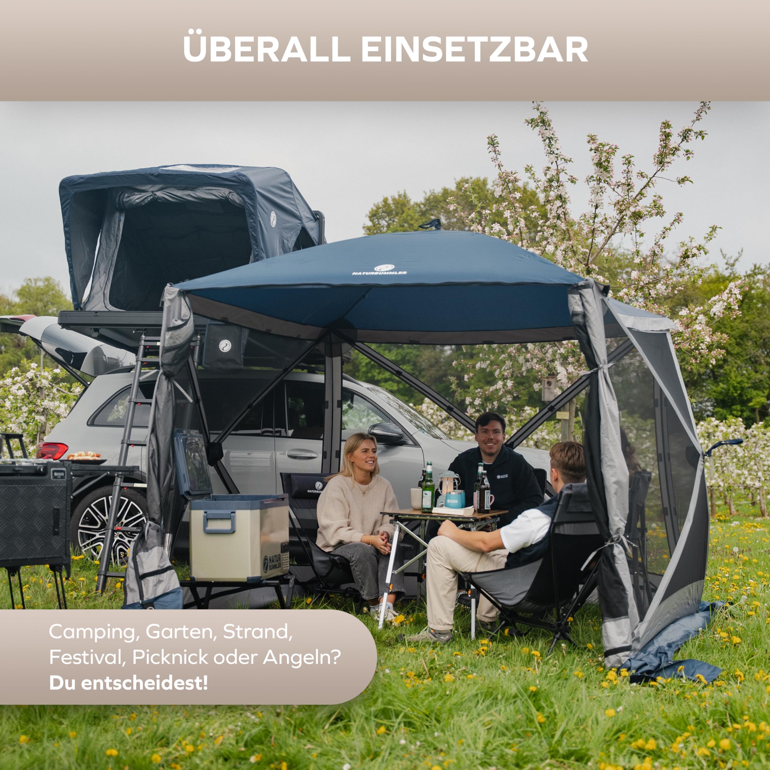 NATURBUMMLER Pavillon faltbar [CampBase L] Faltpavillon 1,80 x 1,80m mit Pop Up System für bis zu 4 Personen (Schnellaufbau in Minuten) Camping Pavillon wasserdicht mit UV-Schutz & Moskitonetz