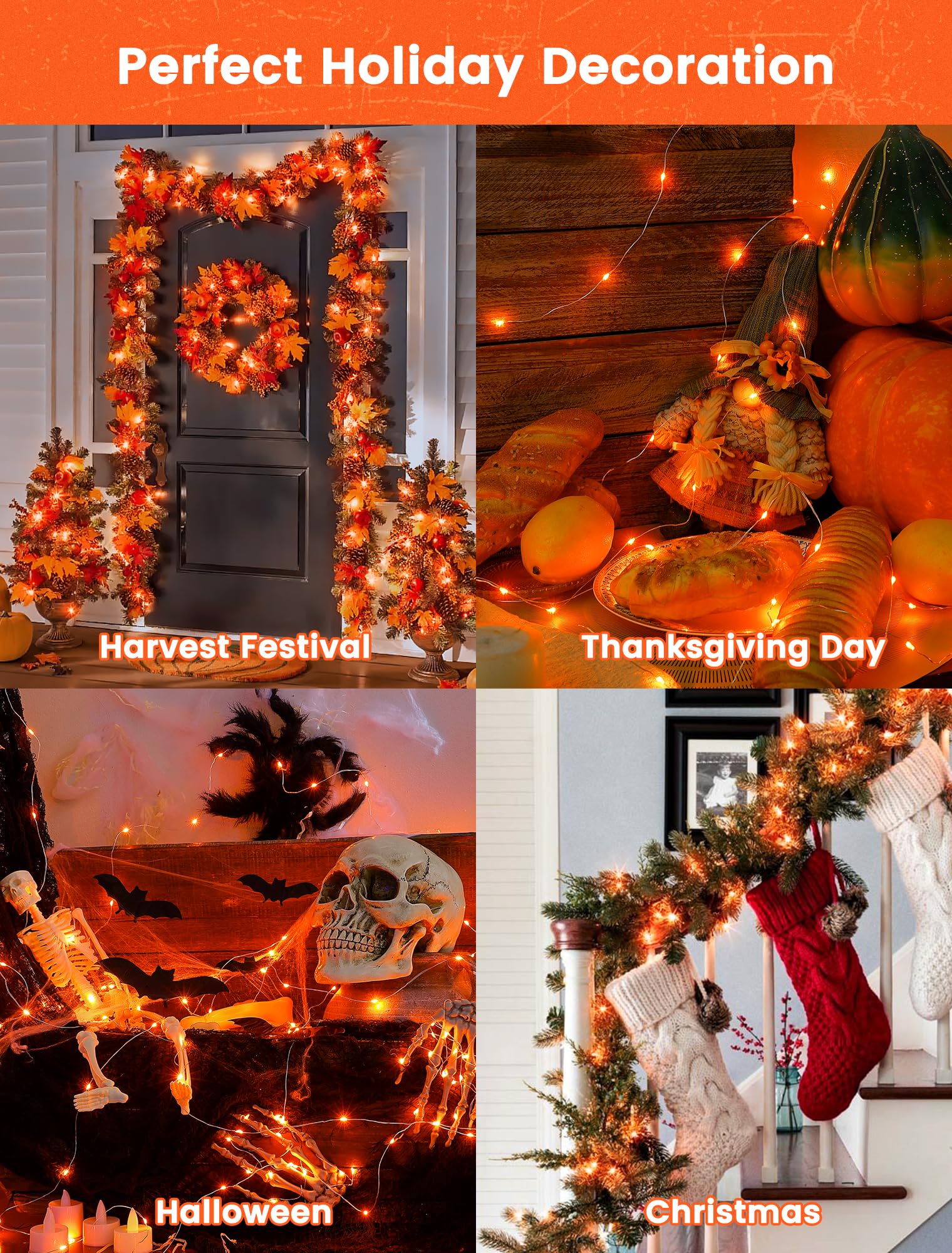 2 x orangefarbene Solar-Lichterkette für den Außenbereich, je 10 m, 100 LEDs, solarbetriebene Halloween-Lichterkette, wasserdichter Kupferdraht, funkelndes Licht für Thanksgiving