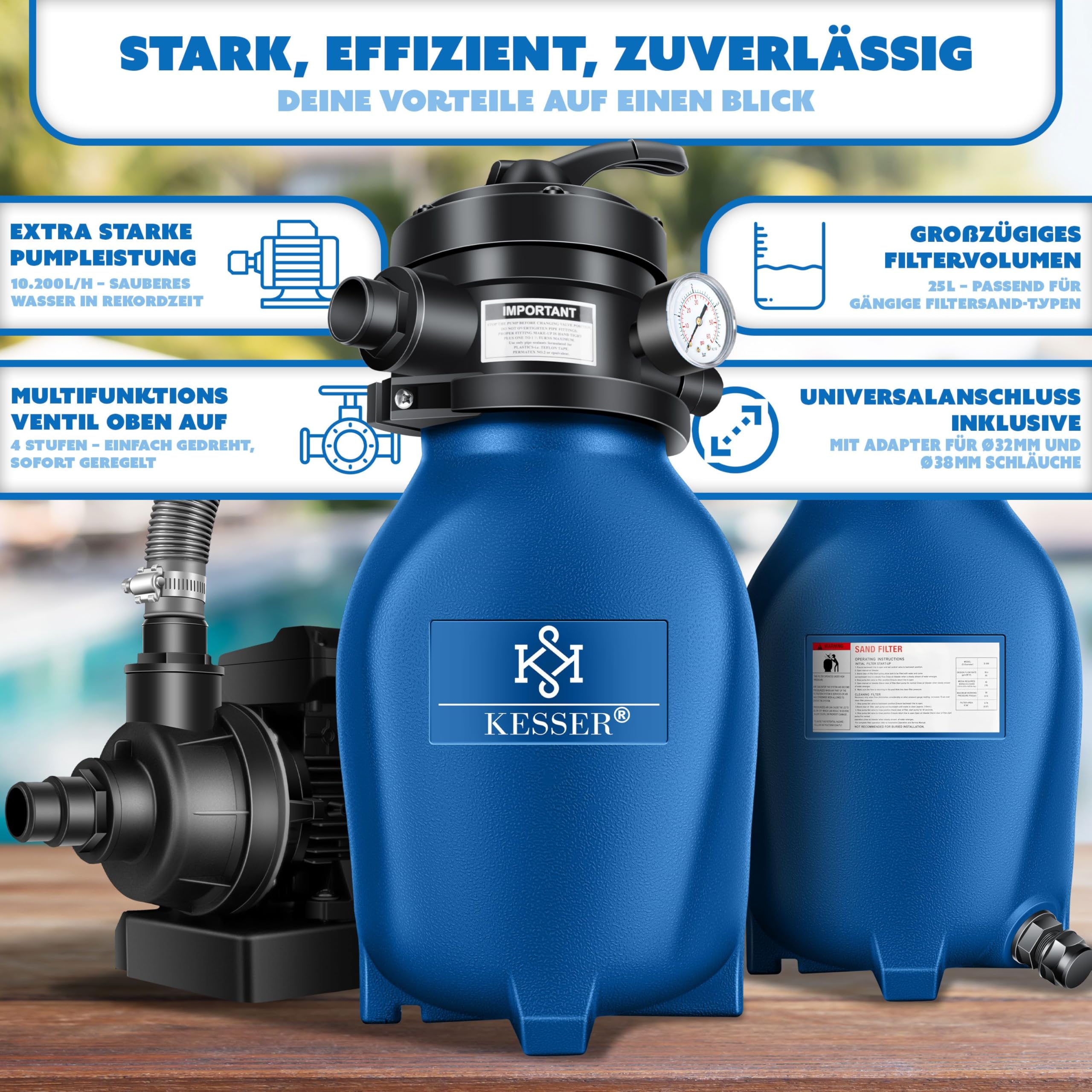 KESSER® Filtro de Arena, Sistema de filtrado de Arena + Bolas de filtrado de 700 g Que sustituyen a Las de 25 kg de Arena de filtrado para Piscinas, Sistema de filtrado de 10 mġ/h para Piscinas (Azul)