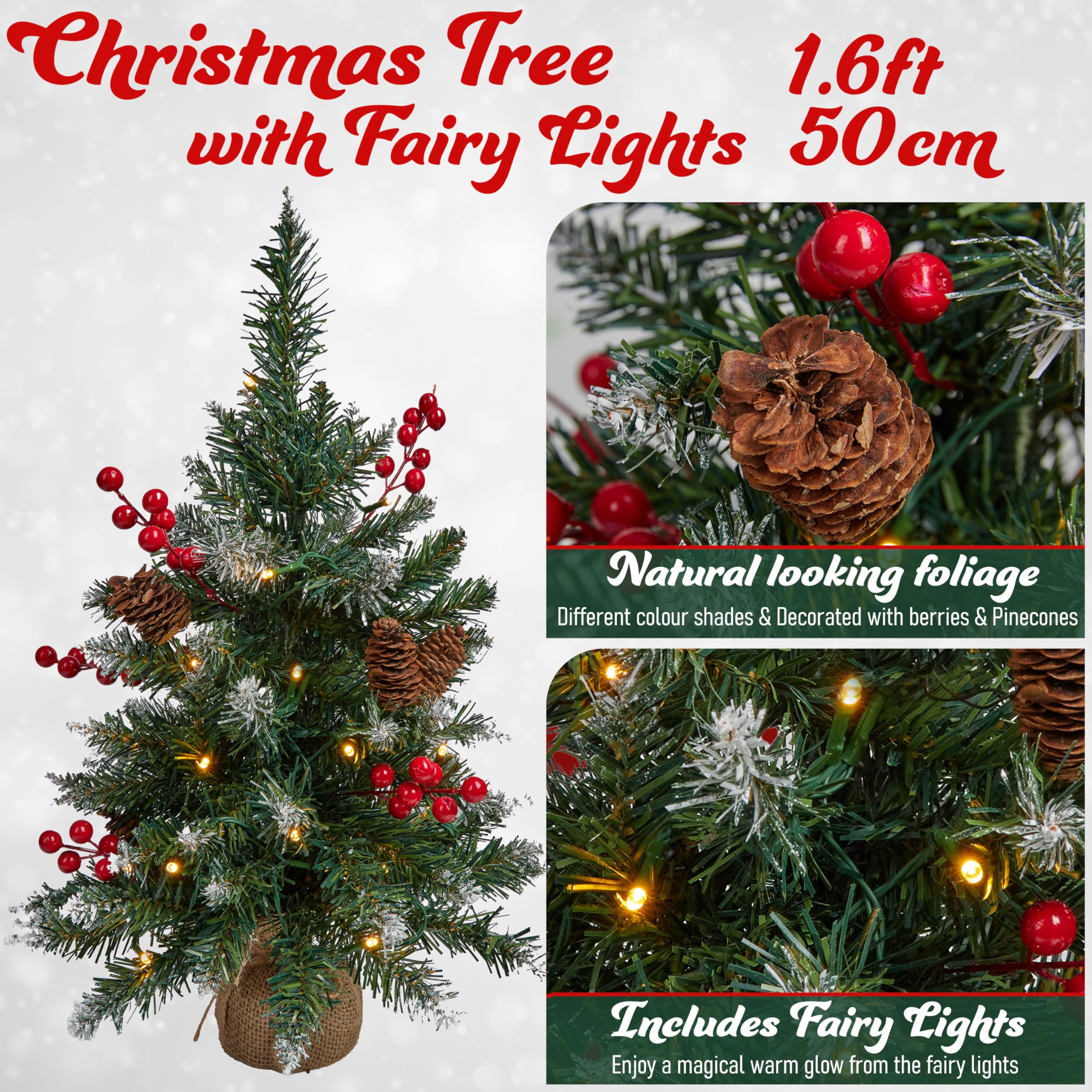 Get Trend Albero di Natale con Luci Incorporate, 50 cm Alberi di Natale Piccoli LED a Stringa e Punte Smerigliate, Decorazioni Natalizie per Tavolo e Ufficio (Verde)