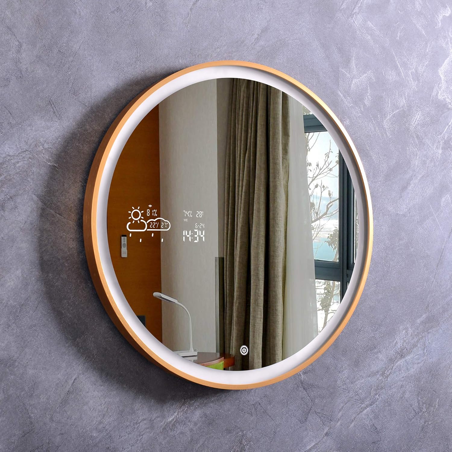 Featured Product QIERAO Touch Switch Bathroom Mirror Weather Forecast, LED Illuminate Light Demist/Defogging Makeup Wall Mirror with Calendar Time Date Temperature Humidity Display (23.6X23.6 Inch - Gold)