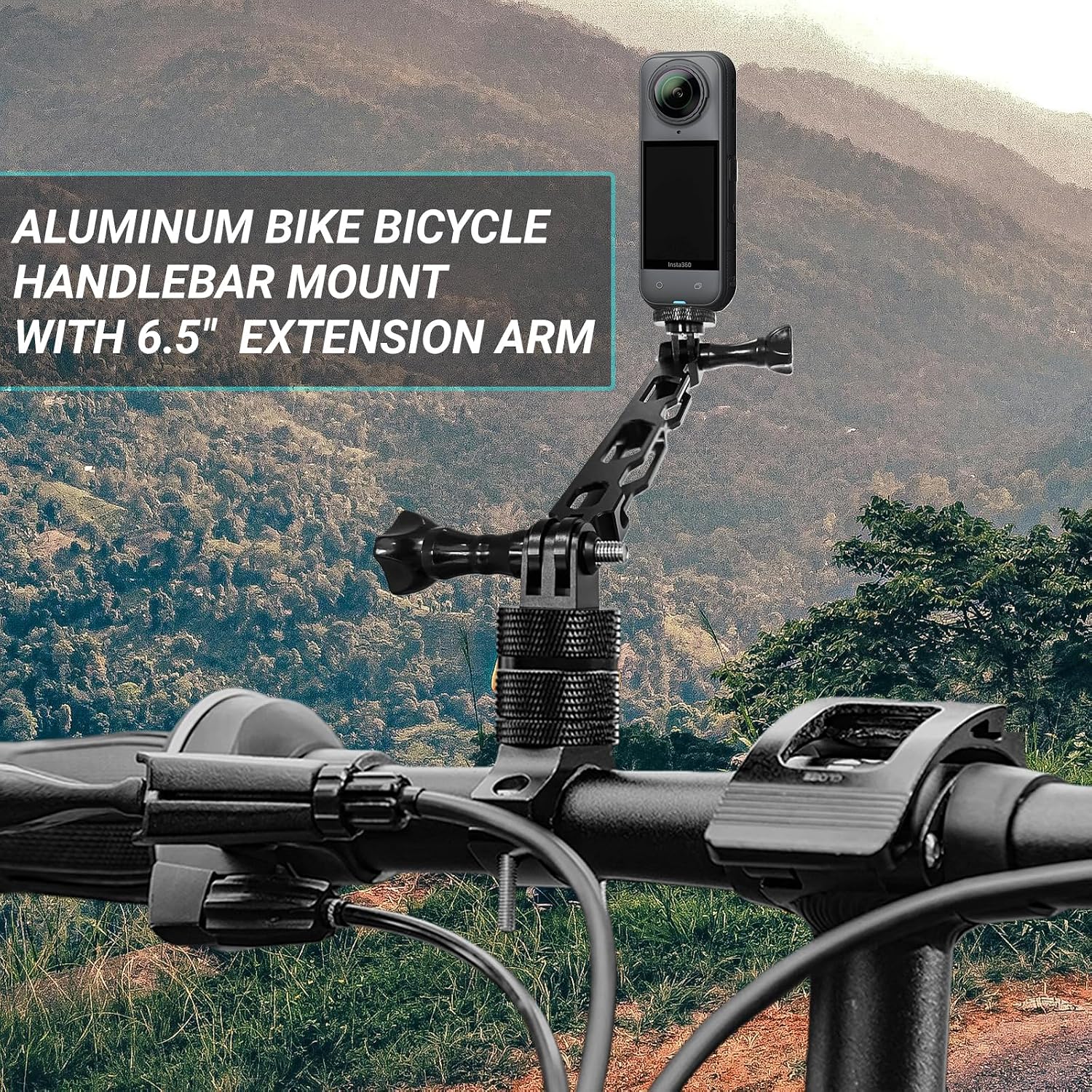 Aluminum Bike Bicycle Handlebar Mount with 6.5" Extension Arm for Insta 360 X5 X4 X3, Go Pro Hero 13/12/11/10/9/8/7/6/5/4 Session, 360 Degrees Rotary Mountain Bike Rack Mount (Black) image 2