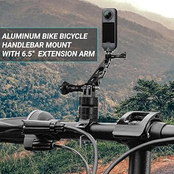 Aluminum Bike Bicycle Handlebar Mount with 6.5 Extension Arm for Insta 360 X5 X4 X3, Go Pro Hero 13/12/11/10/9/8/7/6/5/4 Session, 360 Degrees Rotary Mountain Bike Rack Mount (Black)