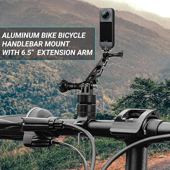 Aluminum Bike Bicycle Handlebar Mount with 6.5 Extension Arm for Insta 360 X5 X4 X3, Go Pro Hero 13/12/11/10/9/8/7/6/5/4 Session, 360 Degrees Rotary Mountain Bike Rack Mount (Black)