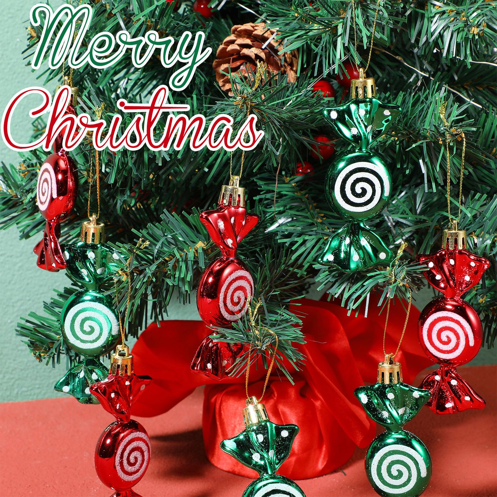 Threan 12 Pcs Christmas Candy Ornaments for Tree Decoration Hanging Glitter Candy Cane Christmas Peppermint Ornament with Golden Rope for Xmas Holiday Decoration(Red - Image 2