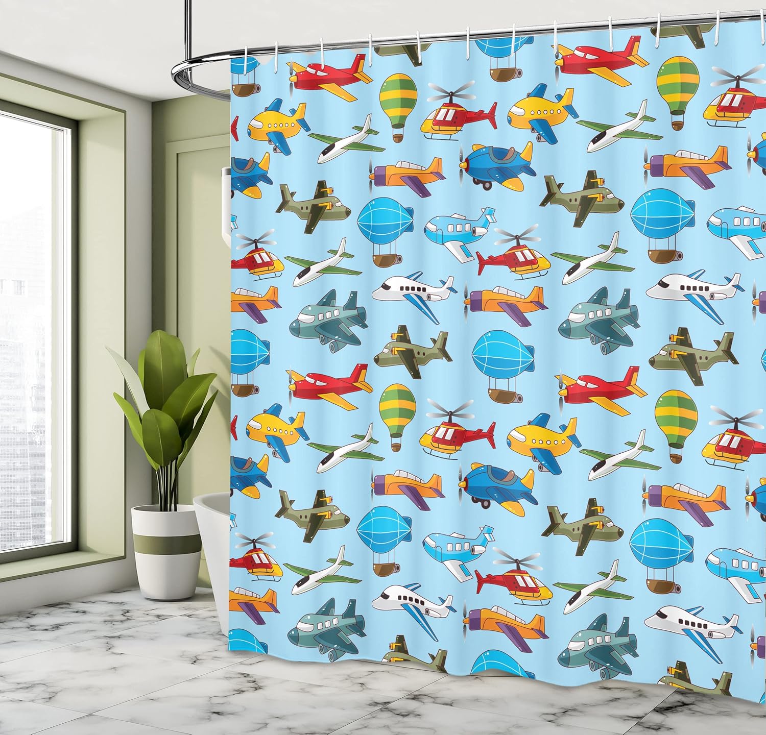 Ambesonne Plane Shower Curtain, Airplane Helicopter Zeppelin Air Balloon and Toy Flights Themed Pattern, Cloth Fabric Bathroom Decor Set with Hooks, 69" W x 70" L, Multicolor