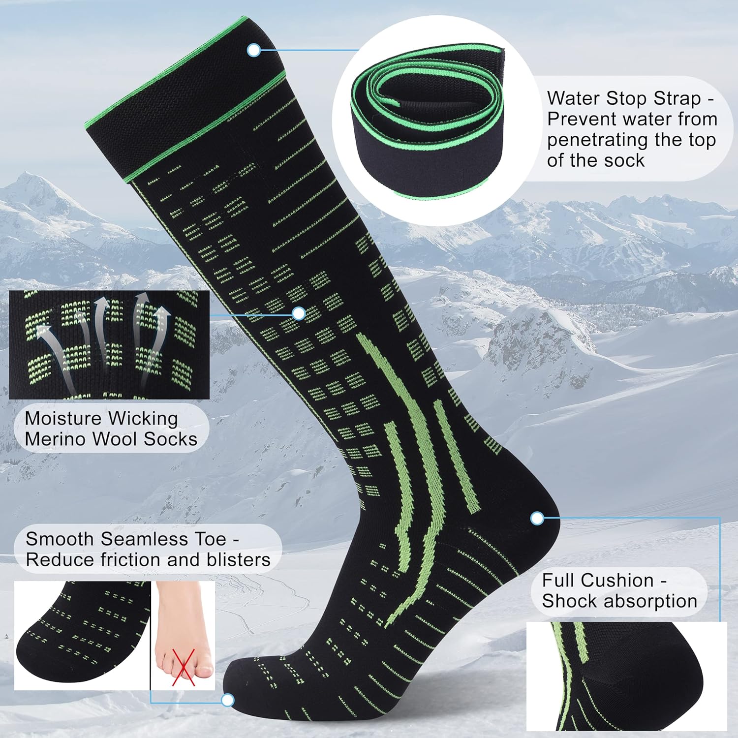 RANDY SUN Merino Wool Waterproof Socks, Men Women Knee High Breathable Hiking Running Socks 1 Pair