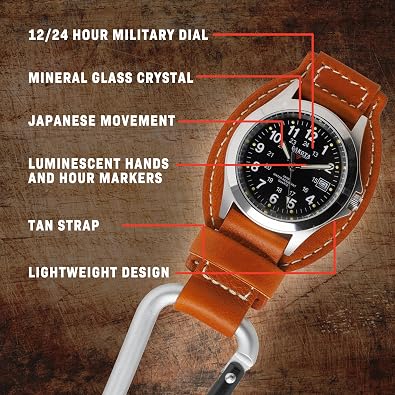 Dakota Leather Clip Watch, Military Dial, Waterproof