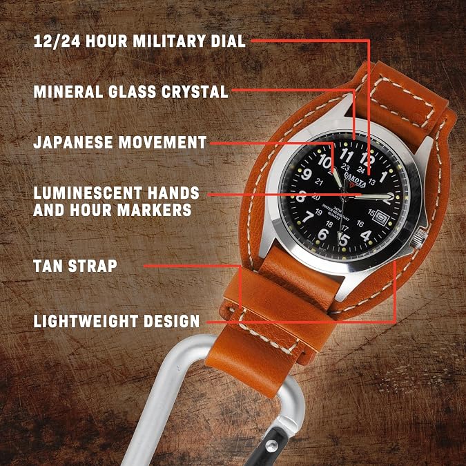 Dakota Leather Clip Watch, Military Dial, Waterproof