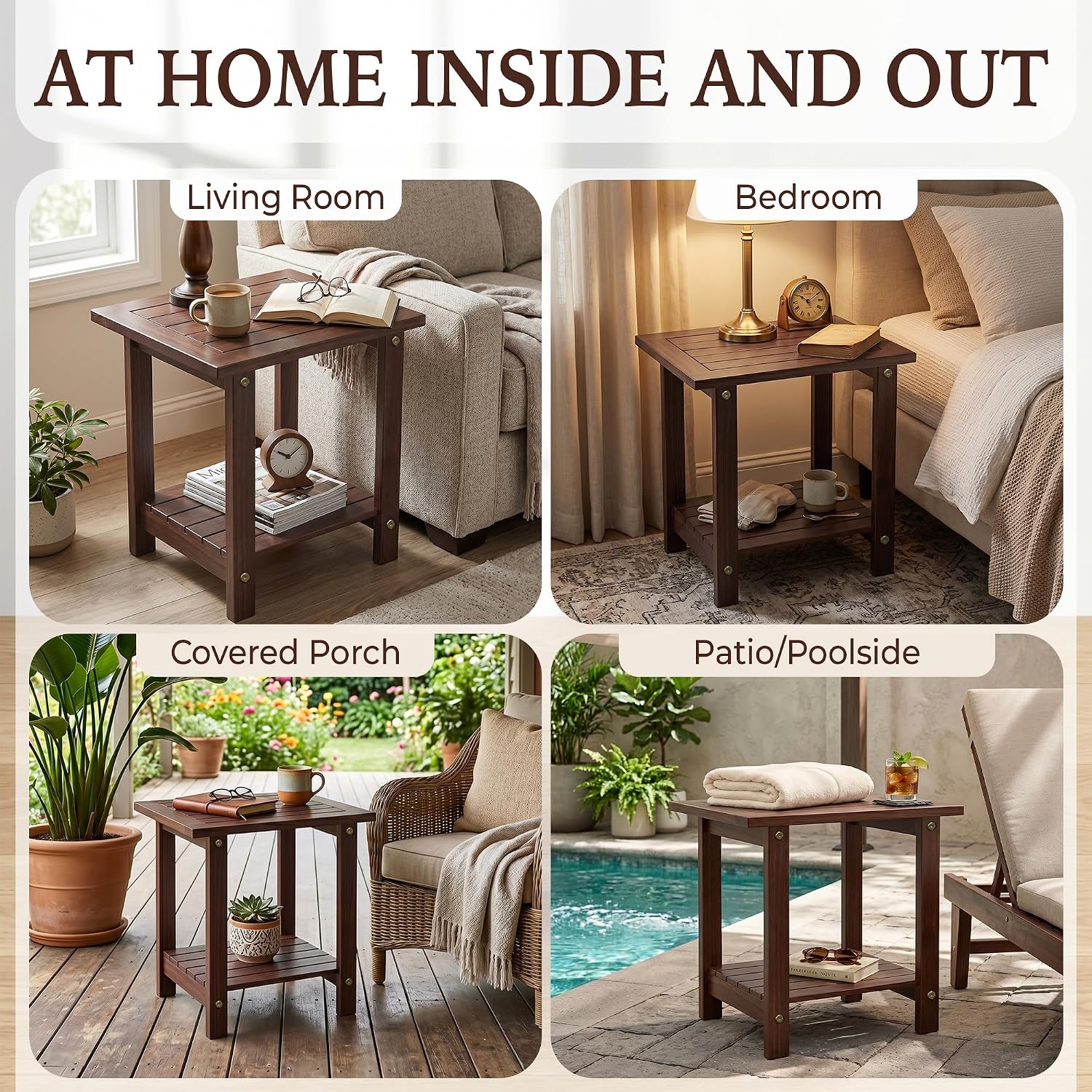 Outdoor Side Table, 2-Tier Solid Acacia Wood Small End Table, Walnut
