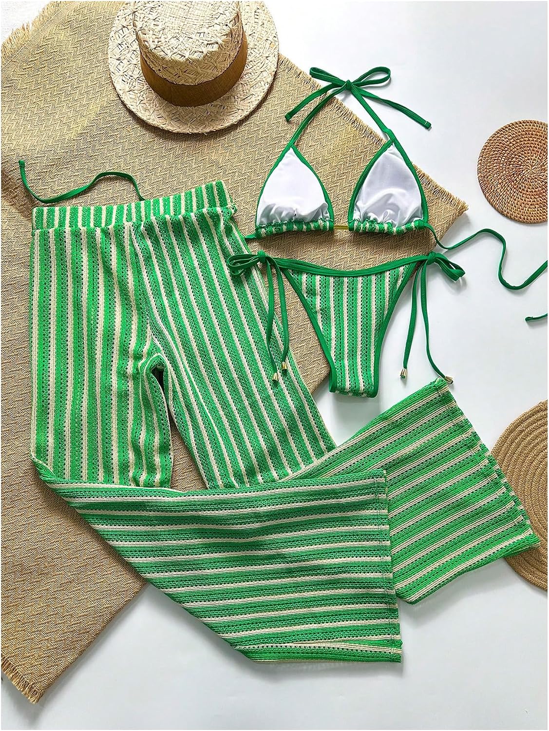 Verdusa Women's 3 Piece Cheeky Striped Crochet Bikini Set Halter Tie Side Swimsuits with Cover Up Pants 2026