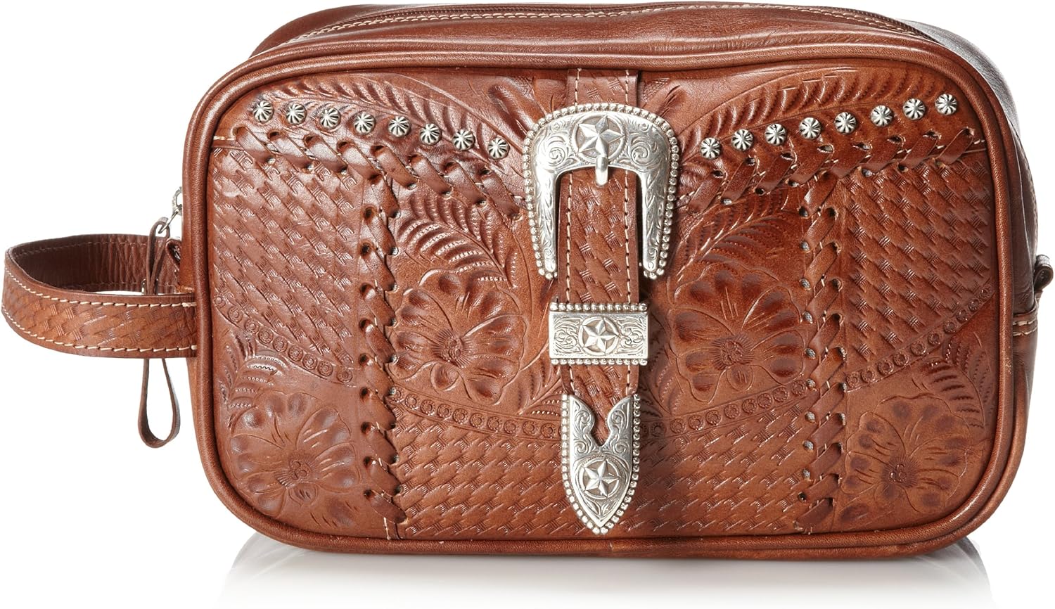 American West Hand Tooled Handcrafted 100% Genuine Leather Dopp/Shaving Kit for Men and Women Classic Travel Collection Western