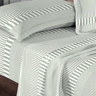 Pizuna Pure 100% Cotton Printed Sheet Set Full, Luxurious 400 Thread Count Long Staple Cotton Sateen Sheets Full with 15" Deep Pocket (Green Cascade Stripe)