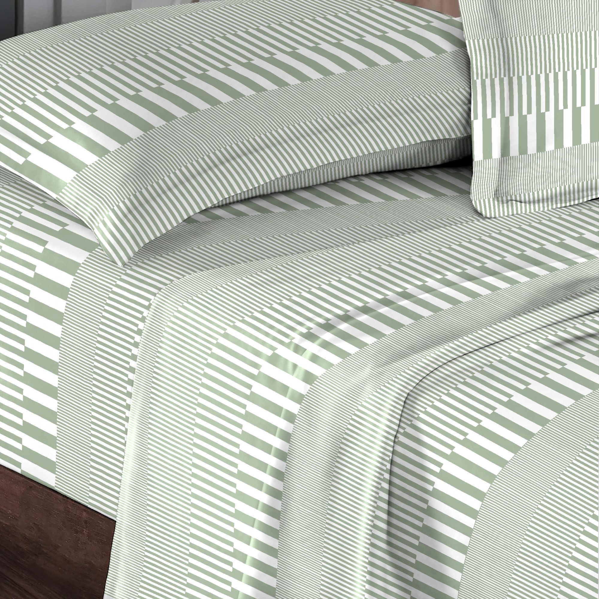 PizunaPure Combed Cotton Single Bed Sheet Set Green Cascade Strip,400 Thread Count Cozy Luxury 100% Long Staple Cotton Sateen Weave Printed Bed Sheet Set (1 Flat Sheet, 1 Fitted Sheet, 1 Pillowcase)