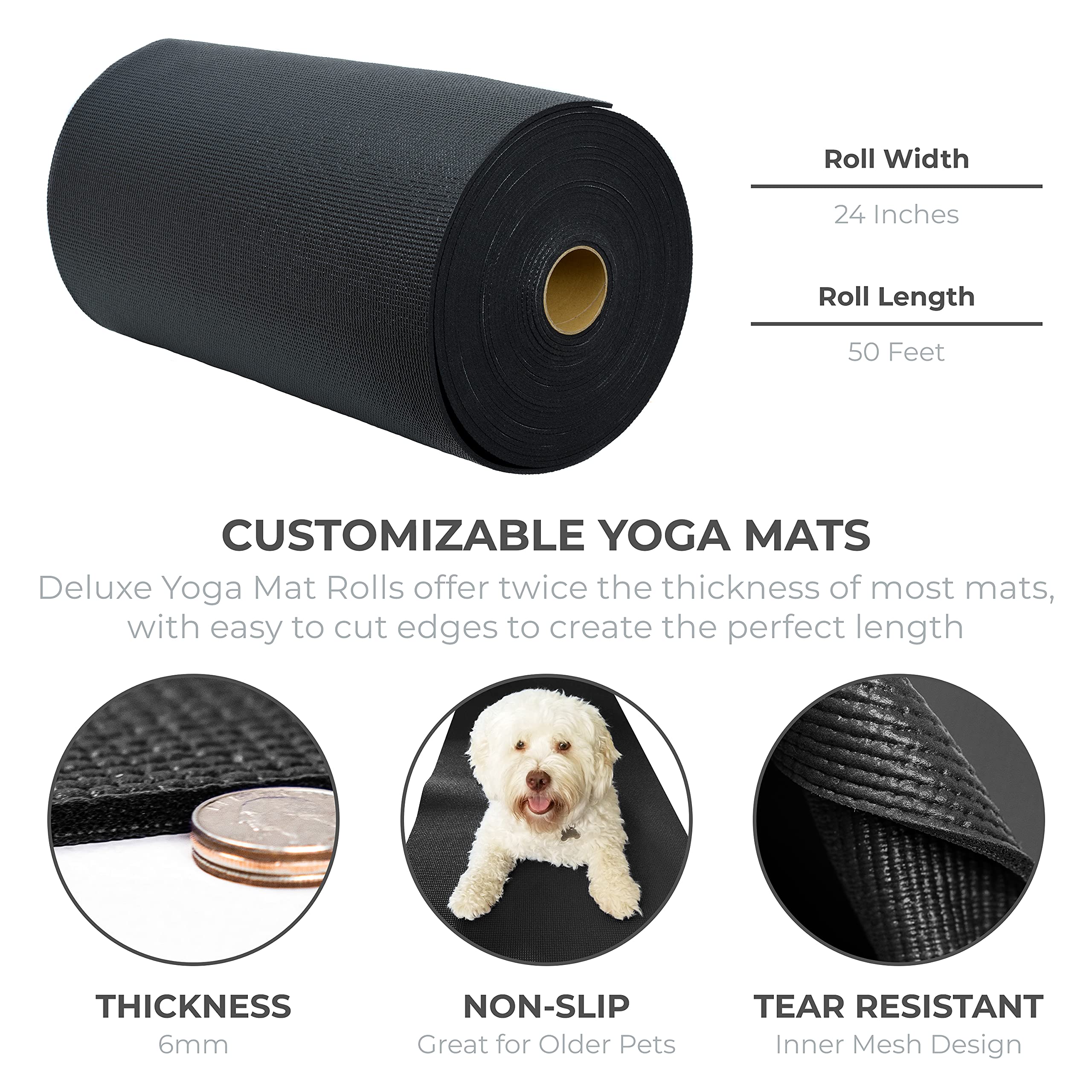Deluxe Studio - Rollo de esterilla de yoga extra gruesa de 6 mm, alfombrilla de ejercicio de 24 pulgadas x 50 pies, antideslizante, antidesgarros, para entrenamiento en casa o estudio,