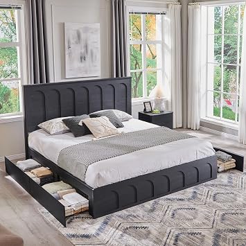 ACCOHOHO Modern King Size Bed Frame with 4 Drawers, 51" Tall Arched Recessed Headboard, Solid Wood Slats Support, Noise Free, No Box Spring Needed, Wood Platform, Black