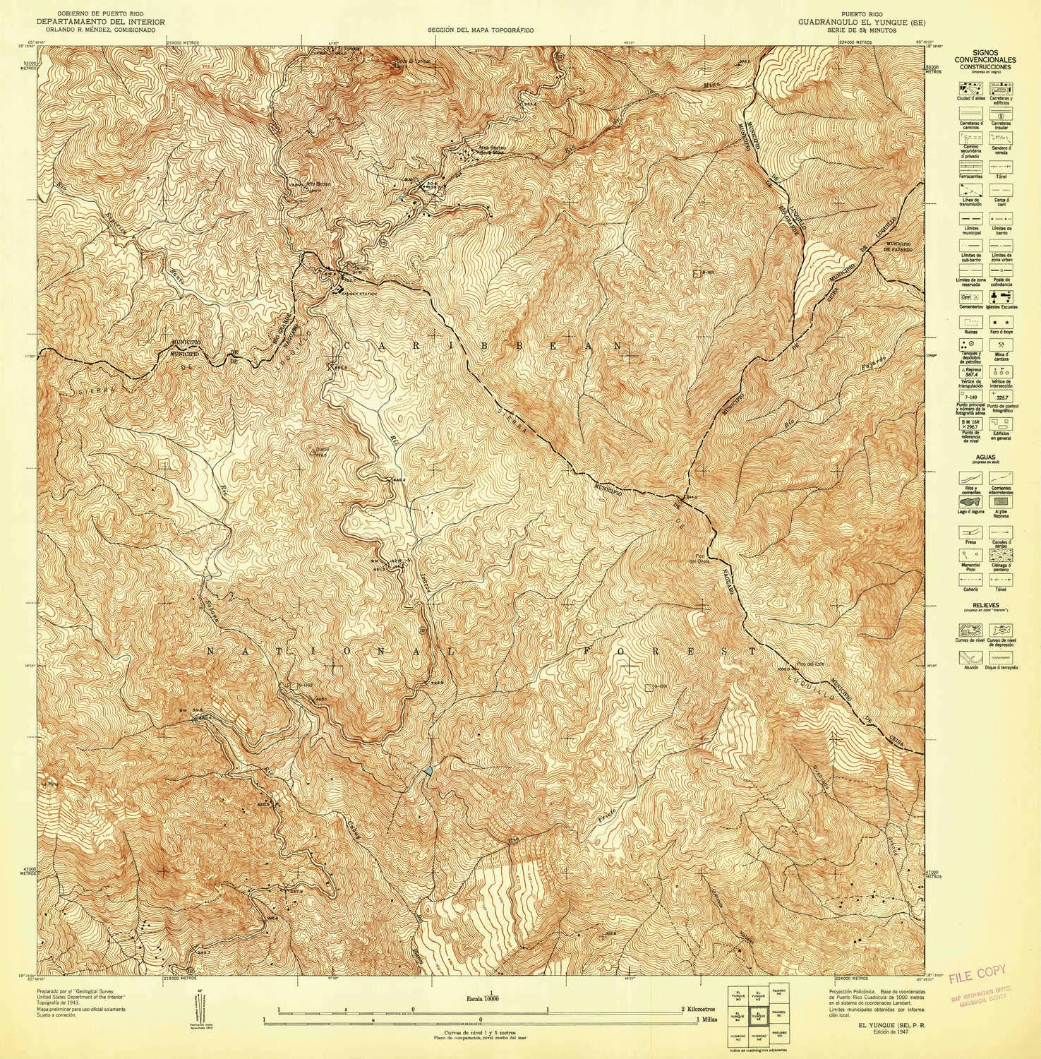 YellowMaps El Yunque SE PR topo map, 1:10000 Scale, 3.75 X 3.75 Minute, Historical, 1947, 31 x 30.5 in - Tyvek