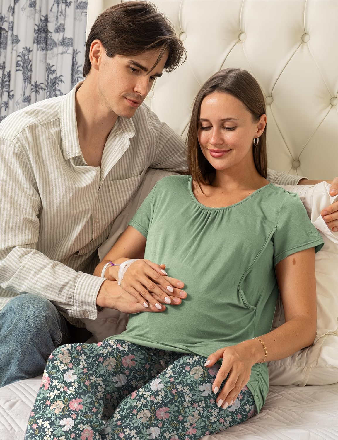 SUNNYBUY Womens Maternity Nursing Pajamas Set, Short Sleeve Breastfeeding Shirts，Pregnancy Shorts & Pants 3 Piece Nursing PJS - Image 2