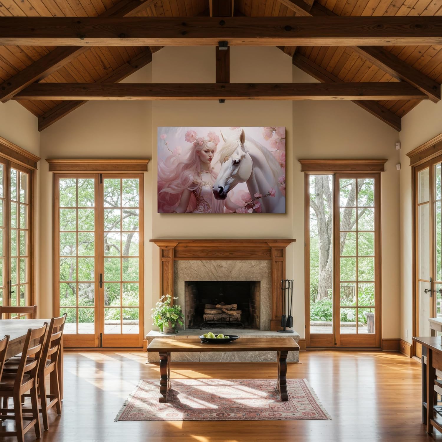 Canvas for Living room. Enchanted Elegance in Bloom � A Dreamy Portrait of a Pink-Haired Maiden and Her Majestic White Steed, 27 x 18 inch Canvas Wall Art - Inspirational Office Decor