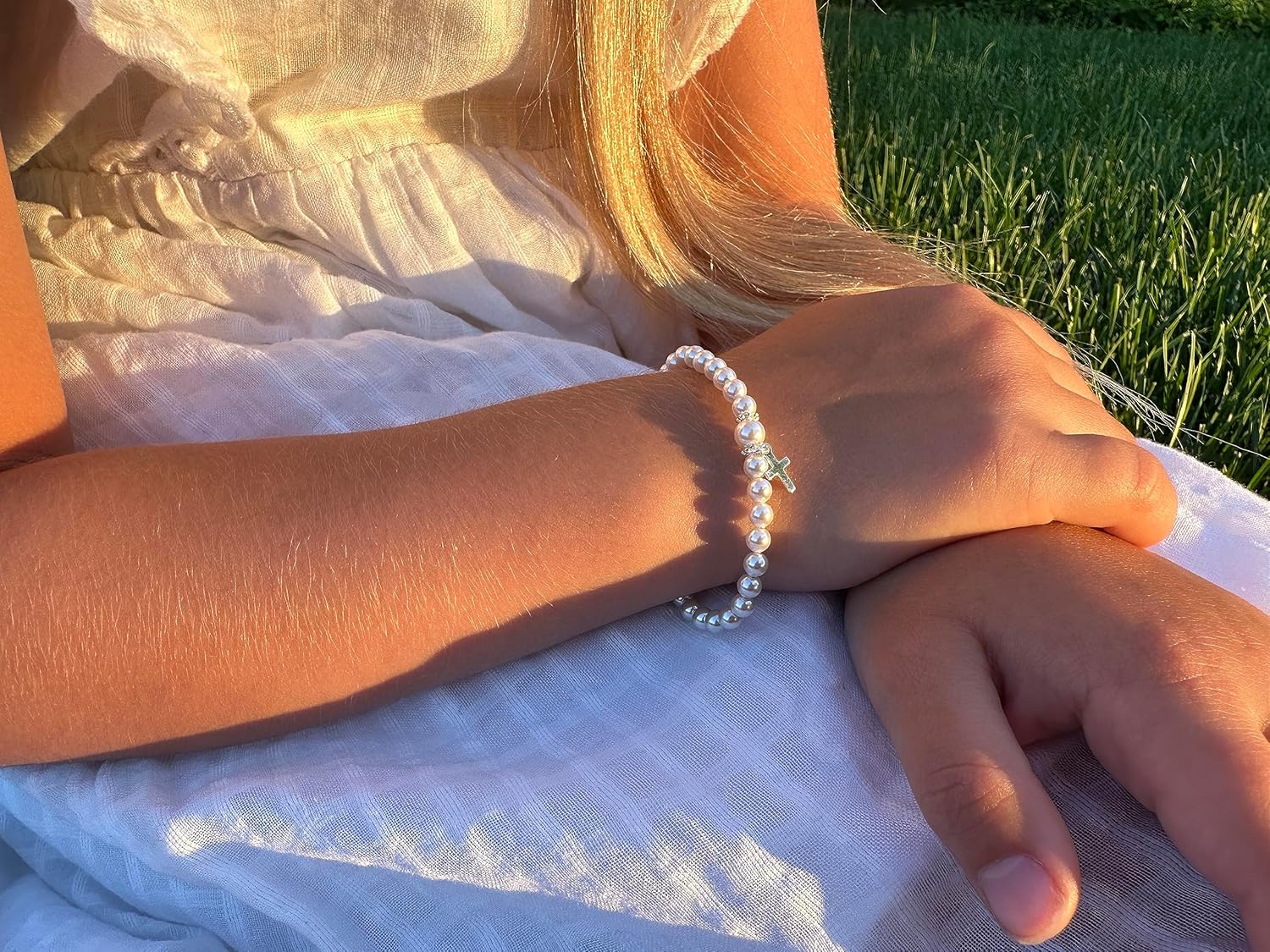 Baby Crystals Sterling Silver Cross Charm White Pearl Bracelet for Girl infant and Newborn Baby's Baptism Gifts for Toddler Baby Girl or Boy Elegant Baptismal Keepsake Girls Jewelry, Birthday Gifts - Image 4