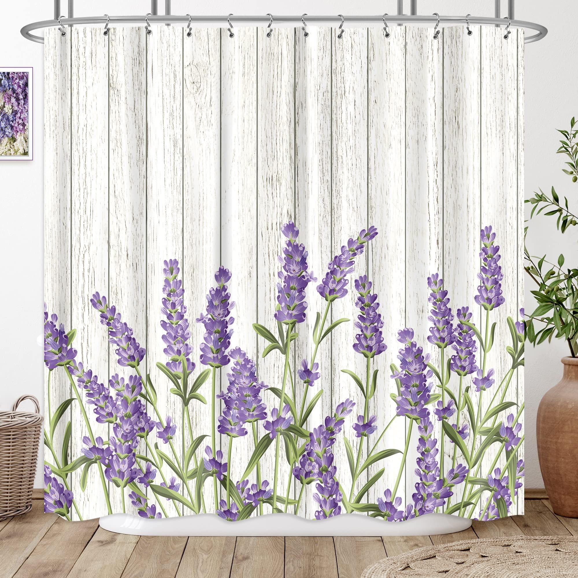 Tenda da doccia color lavanda, tenda da bagno vintage floreale viola lavanda per decorazione del bagno, tenda da doccia in tessuto impermeabile per primavera estate rustica con ganci, 183 x 183 cm