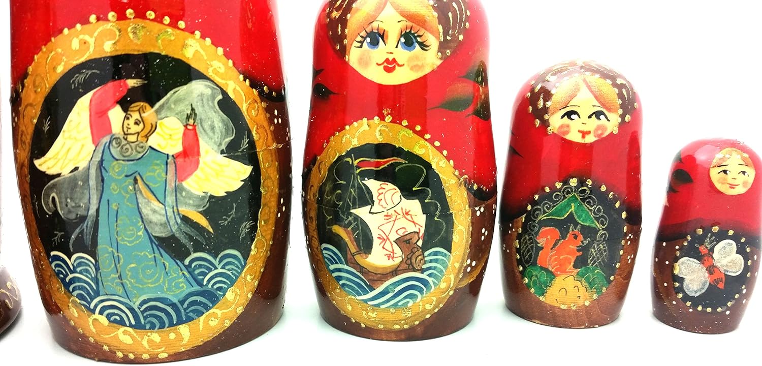Tsar Saltan Fairy Tale by Pushkin Russian Nesting Doll Hand Carved Hand Painted 5 Piece Set 7" Tall