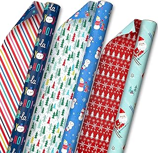 Hallmark Reversible Christmas Wrapping Paper for Kids (3 Rolls: 120 Sq. Ft. Total) Snowmen, Stripes, Trees, Skiing Santa, ...