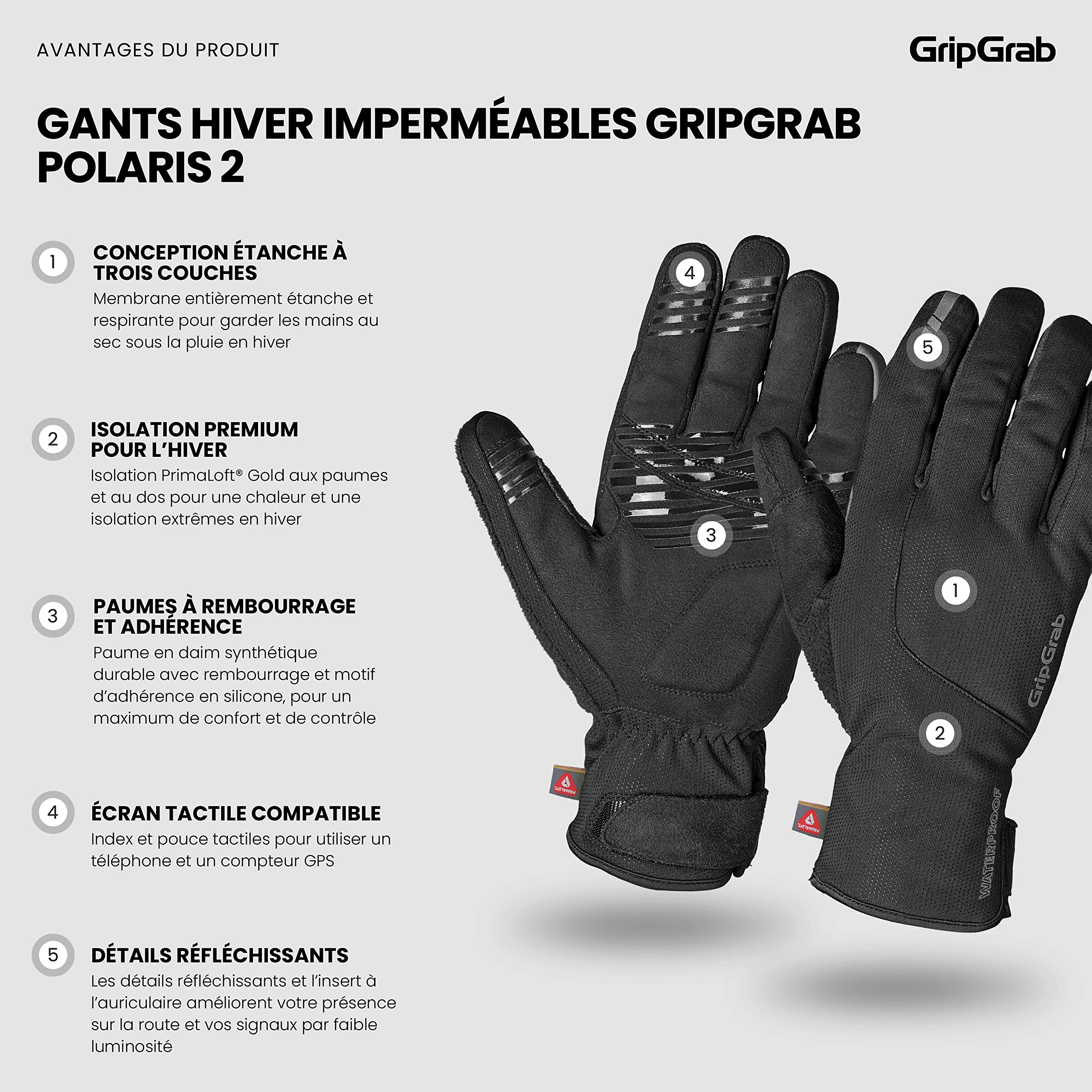GripGrab Gants Hiver Imperméables Polaris 2 Gants de Vélo Rembourrés Coupe-Vent Thermo Gants de Cyclisme