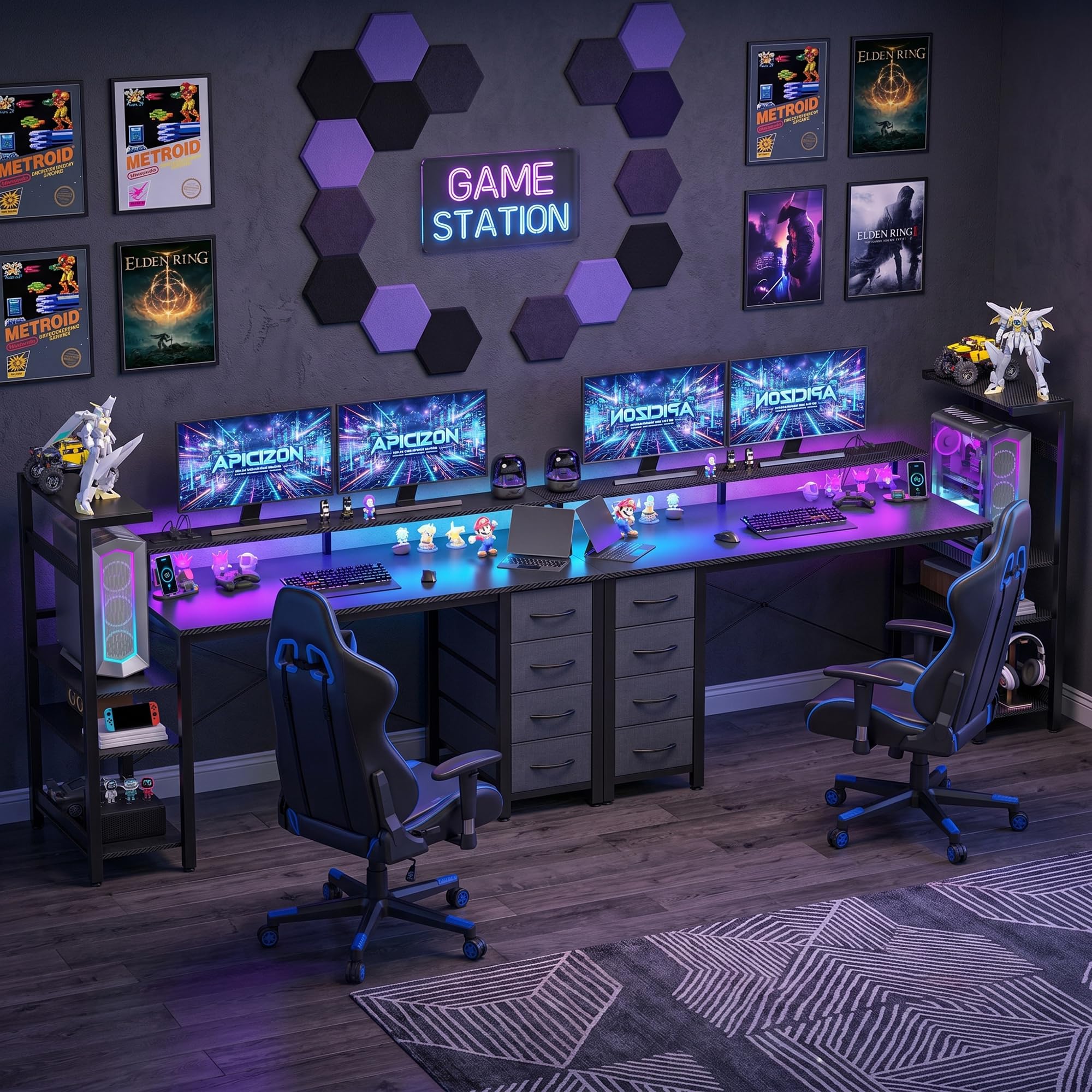 APICIZON Gaming Schreibtisch 150cm mit Bucherschrank - Umkehrbarer Computertisch mit RGB LED-Beleuchtung, 2 USB-Anschlüssen, Kopfhorerhalter & Becherhalter, Carbon-Optik Schwarz