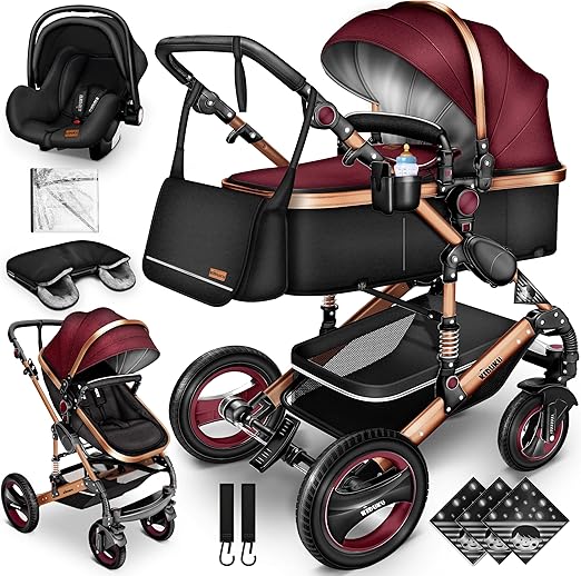 KIDUKU® 3 in 1 Passeggino Completo Trio | Passeggino Sistema Combinato con Navicella Ovetto Seggiolino Auto Coprigambe | Pneumatici in Gomma Dura Borsa Fasciatoio Tavolo per Bambini ECE R129