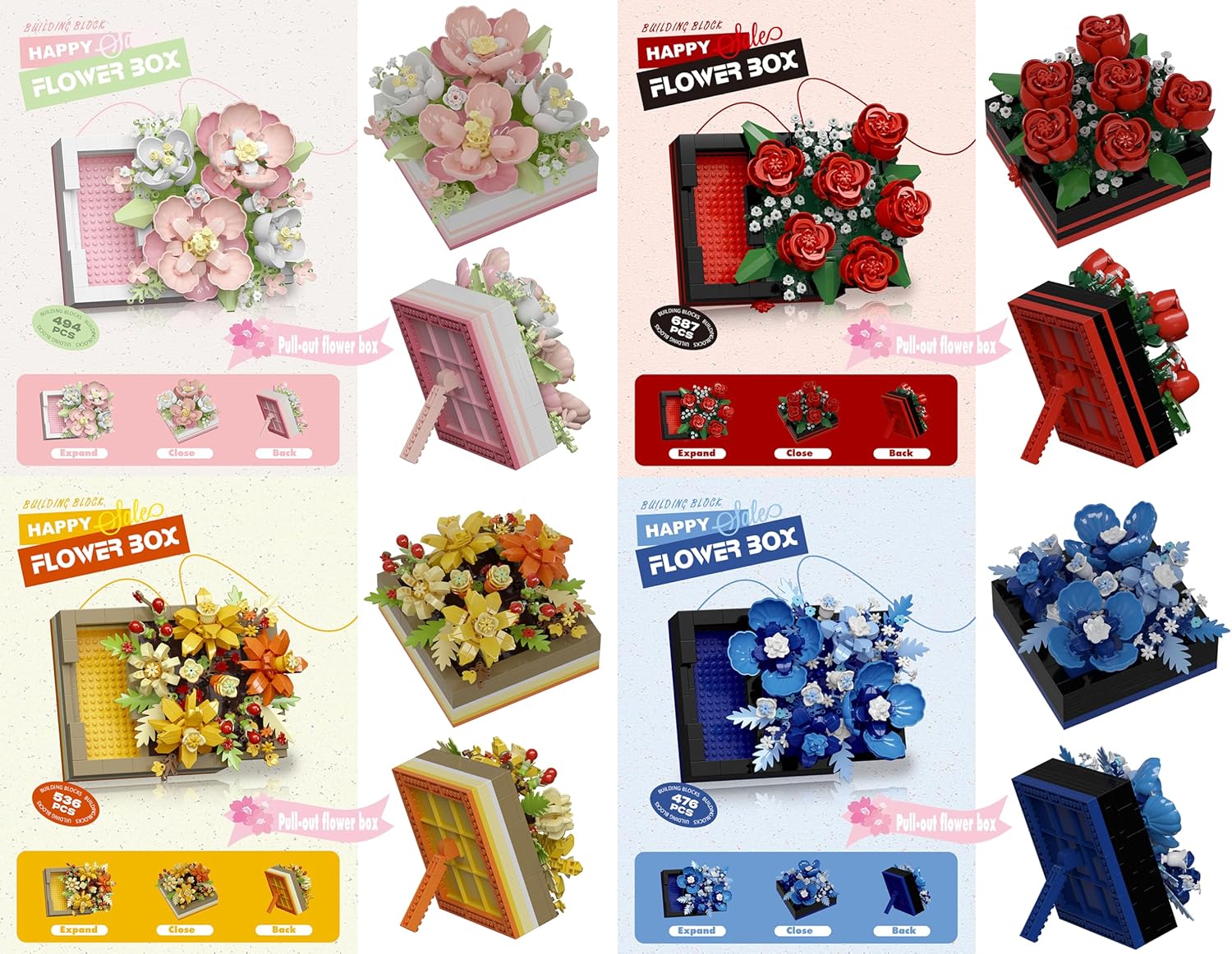 Set of 4 Mini Flower DIY Plant Building Blocks for Kids and Adults, Collection Decor Toy Picture Frame Botanical Collection Art Home Office Decor