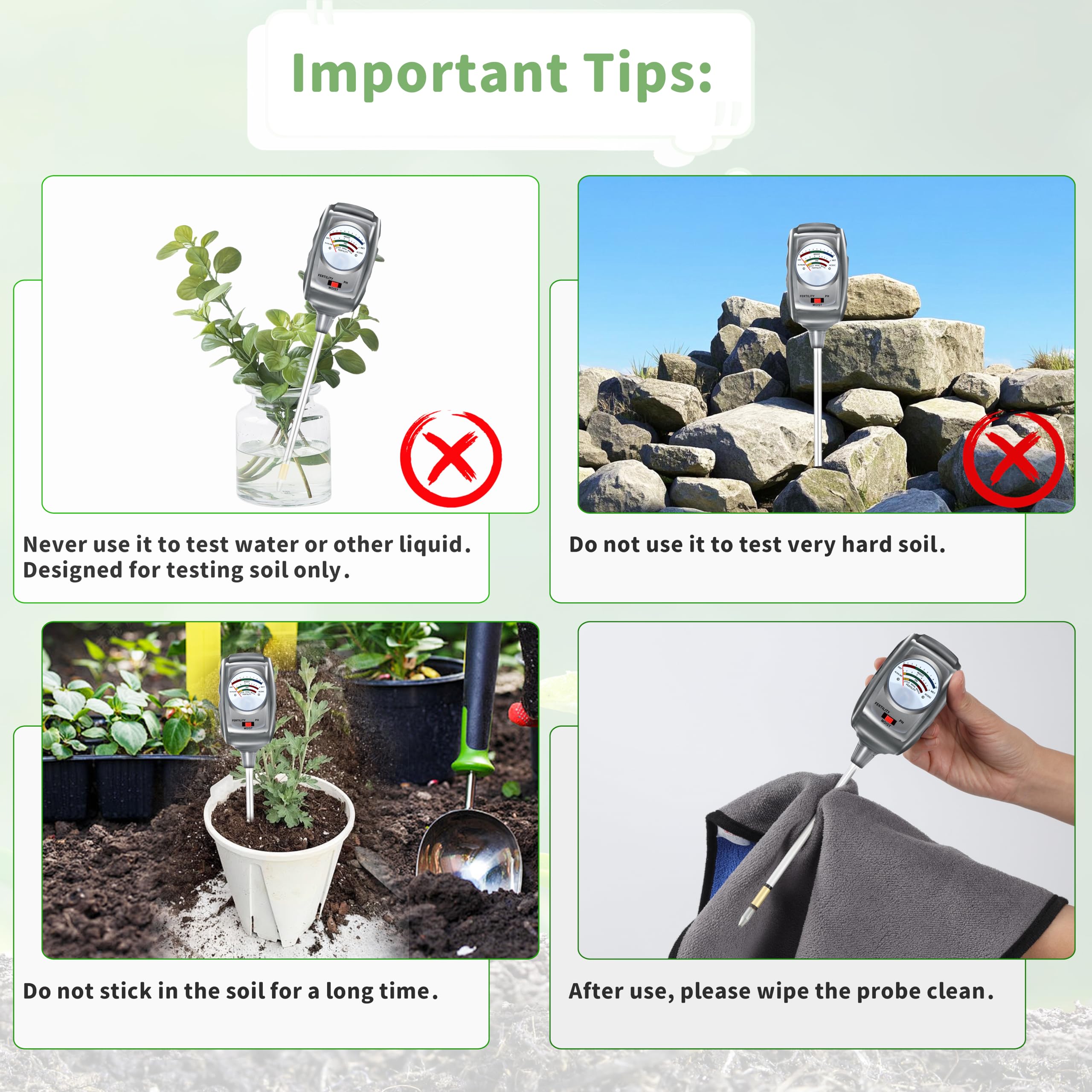 Kit de prueba de suelo 3 en 1, medidor de humedad del suelo/medidor de pH del suelo/probador de suelo de fertilidad, higrómetro de suelo para jardín, planta, granja, interior, exterior, medidor