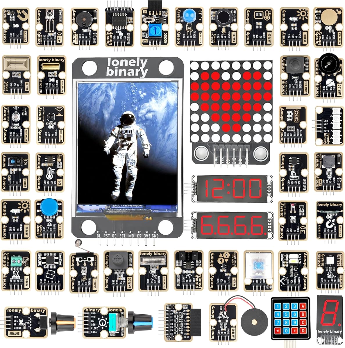 Lonely Binary TinkerBlock Kit de sensores 46 en 1 STEM para Arduino ESP32 Pico | TFT LCD, matriz de LED 8x8, reloj de 7 segundos, joystick, codificador, IR, EEPROM + 39 más; sin soldadura, etiquetado; tutoriales; I2C/SPI/PWM