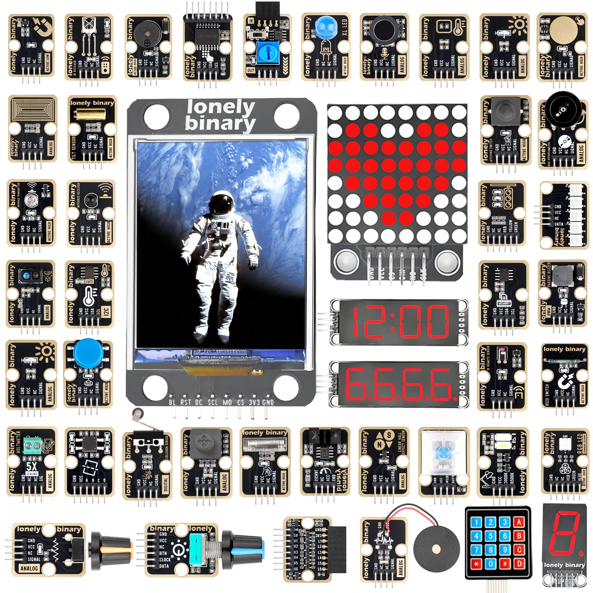 Lonely Binary TinkerBlock Kit modulo sensore 46 pezzi Gold Edition, senza piombo | con tutorial compatibile con Arduino IDE, ESP32-S3, Raspberry Pi Pico | Starter Kit prototipazione fai da te