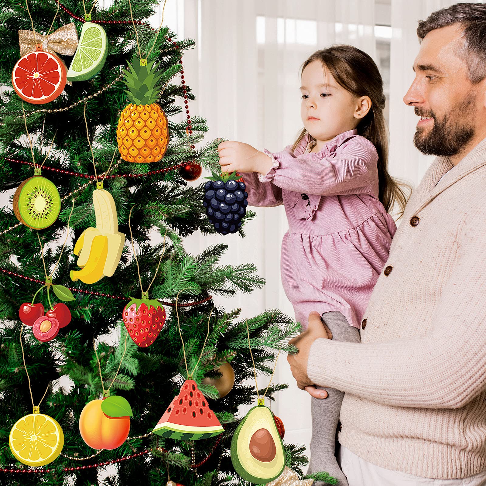 Décorations en bois à suspendre pour sapin de Noël - Ornements en bois pour fruits et légumes - Décoration en tranches pour arbre de Noël, couronne de cheminée (style fruits, 24 pièces)
