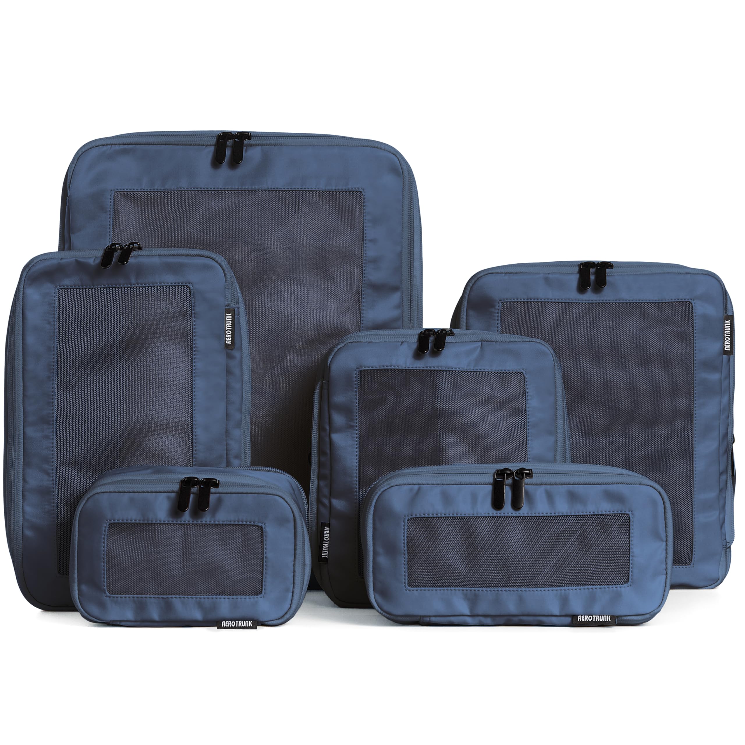 Aerotrunk Compression Packing Cubes for Travel - Luggage Organizer Bags - Double Zipper Packing Cubes for Suitcases (6-Pack, Dark Blue)