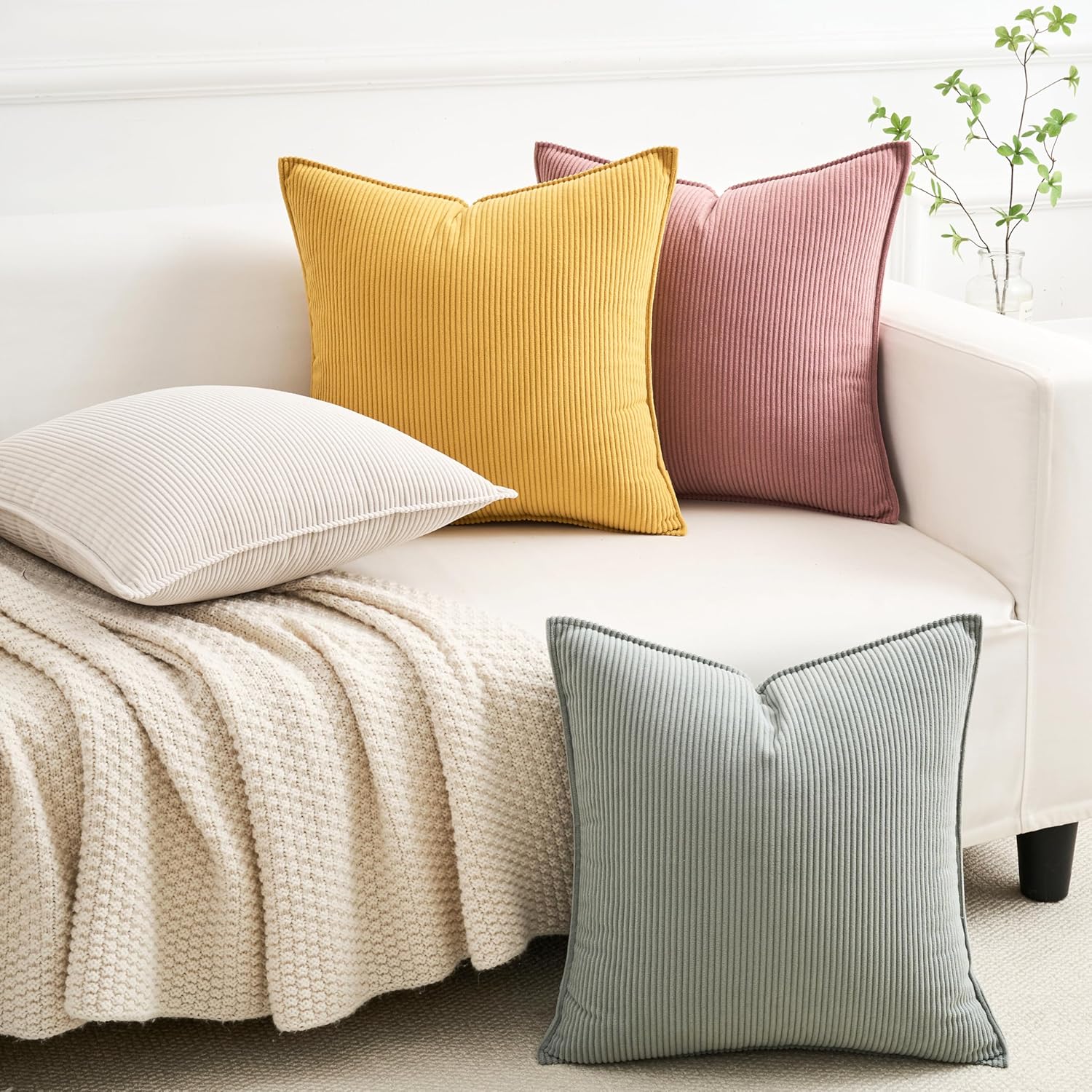 Pack of 4 Couch Throw Pillow Covers 18x18 Inch Accent Soft Corduroy Striped Pillow Cases Decorative Soft Square Farmhouse Boho Cushion Covers For Home Decor Sofa Bedroom Living Room Blush Rose Yellow