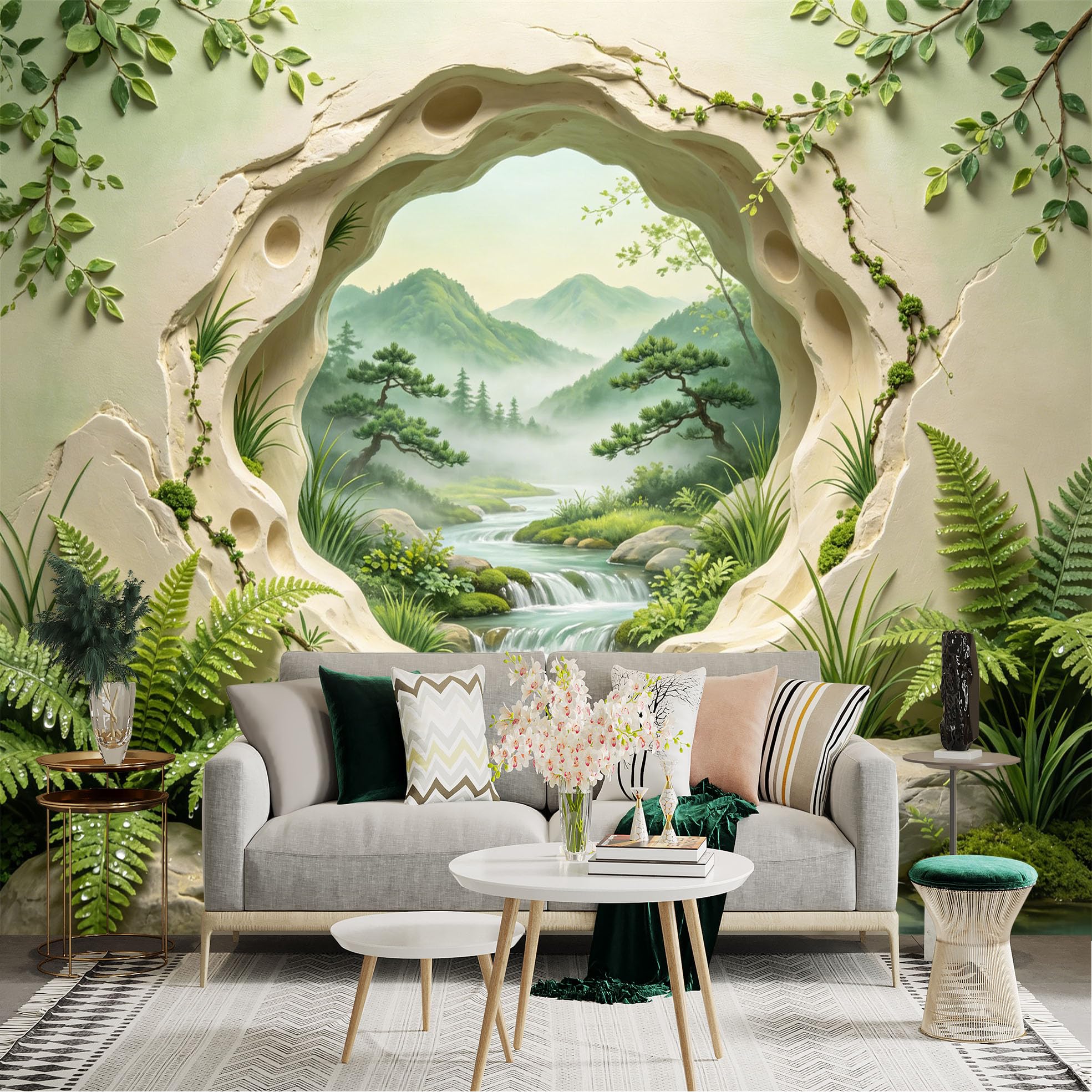 Custom Size Wall Sticker Mural， Nature Landscape with River， Green Mountains and Ferns， for wall Decoration， peelandstick wall Decals.