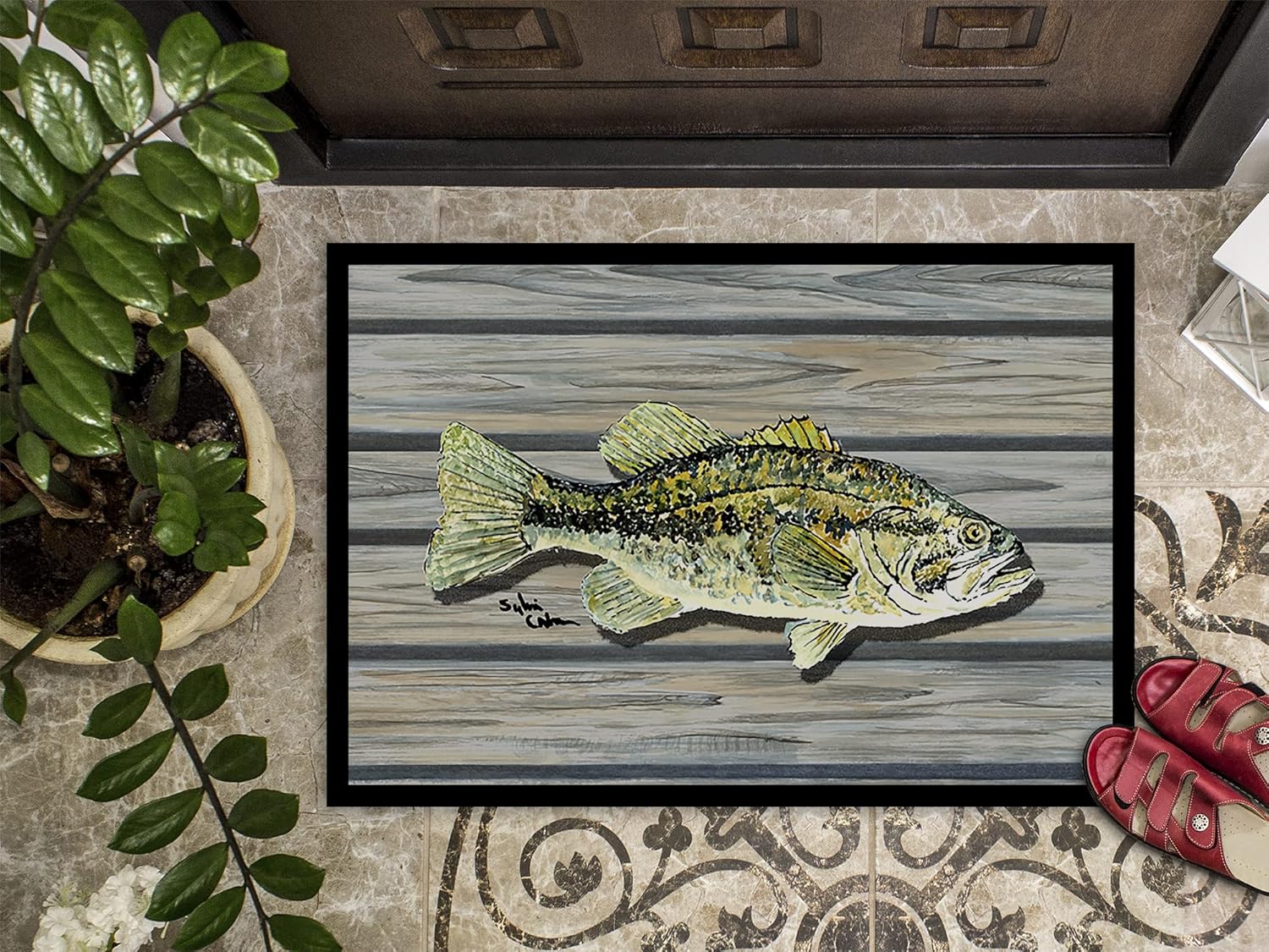 Caroline's Treasures 8493-MAT mall Mouth Bass Doormat 18x27 Front Door Mat Indoor Outdoor Rugs for Entryway, Non Slip Washable Low Pile, 18H X 27W