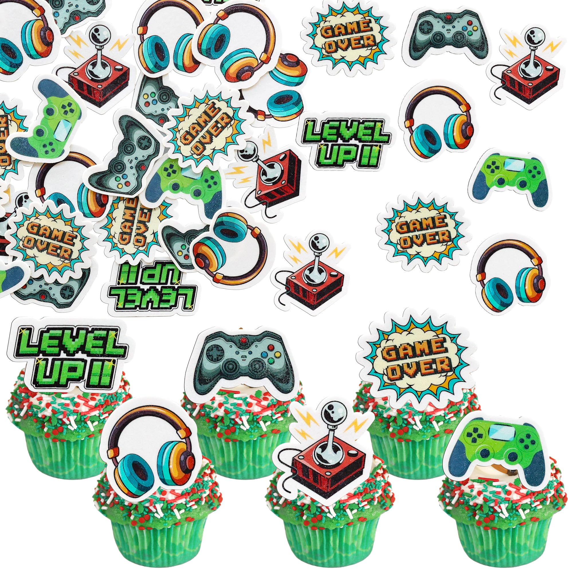Ephlyn 48Pcs Edible Video Game Cupcake Toppers Wafer Paper Game On Controllers Cupcake Picks Edible GamePad Cake Decorations for Game Theme Birthday