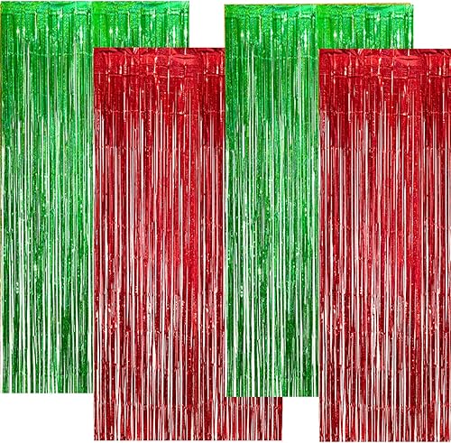 GREATRIL Cortinas de flecos de oropel rojo y verde para fiesta de Navidad, telón de fondo de cabina de fotos, 3.2 pies x 8.2 pies x 4 paquetes