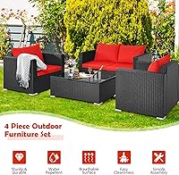 Vista 7 de COSTWAY Juego de muebles de ratán de patio de 4 piezas, sofá acolchado, mesa de centro, color rojo
