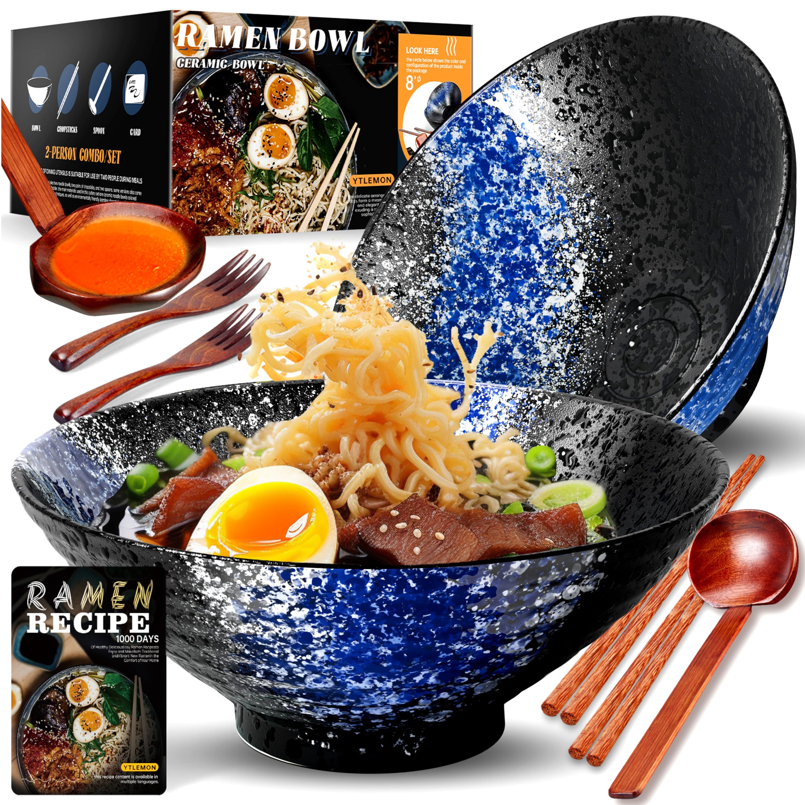 8 Pulgadas Grandes Juego De 2 Tazones De Cerámica Para Ramen De(9 Piezas) - Para Lavavajillas Tazones De Porcelana Para Ensaladas Fideos Cereales Con Recetas Palillos Tenedores Y Cucharas Para Apto