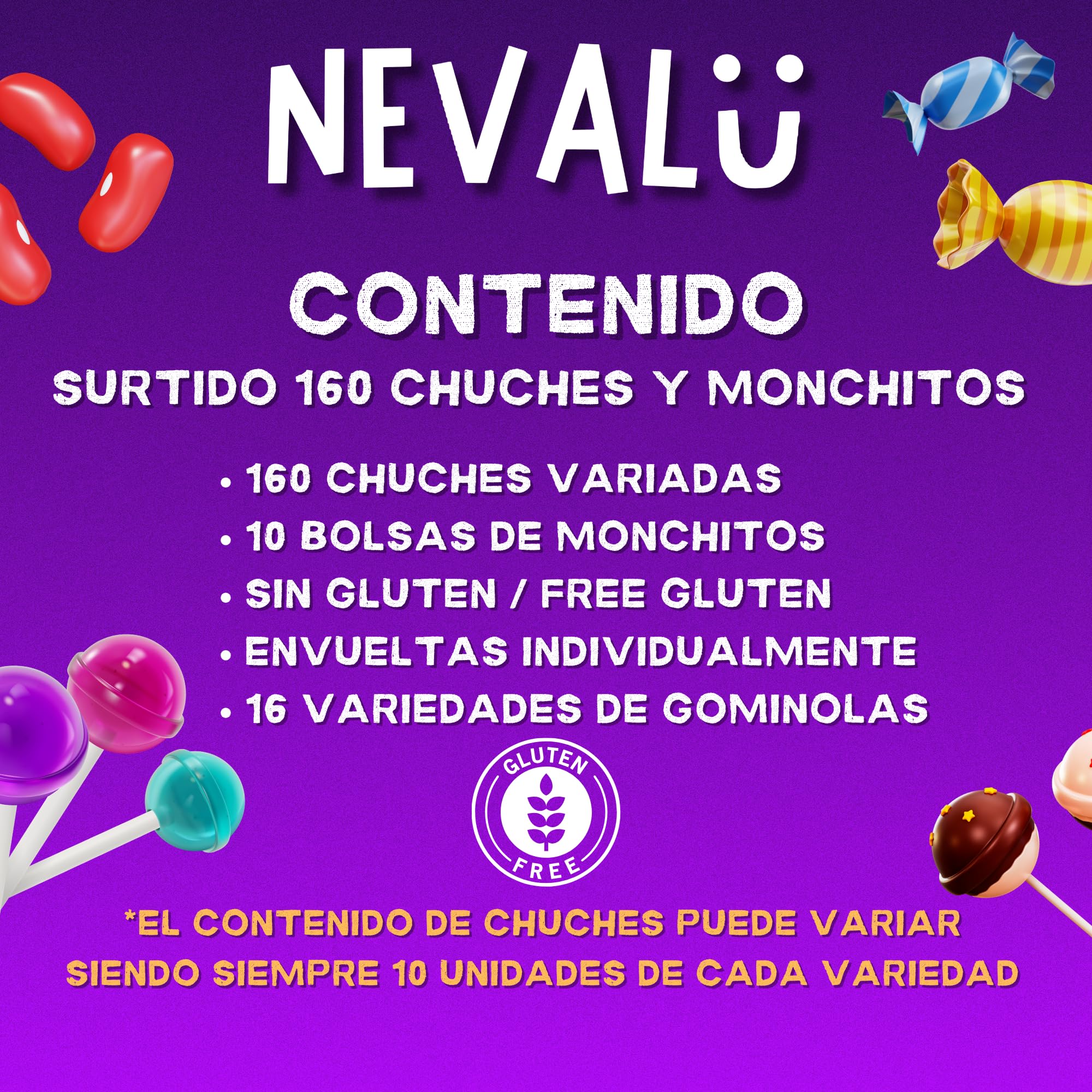 Mega Pack 170 Unidades Chuches para Piñata, Cumpleaños, Halloween, Navidad, Fiestas Infantiles - Surtido de Gominolas, Chuches y Chicles de Calidad NEVALU. 100% SIN GLUTEN.