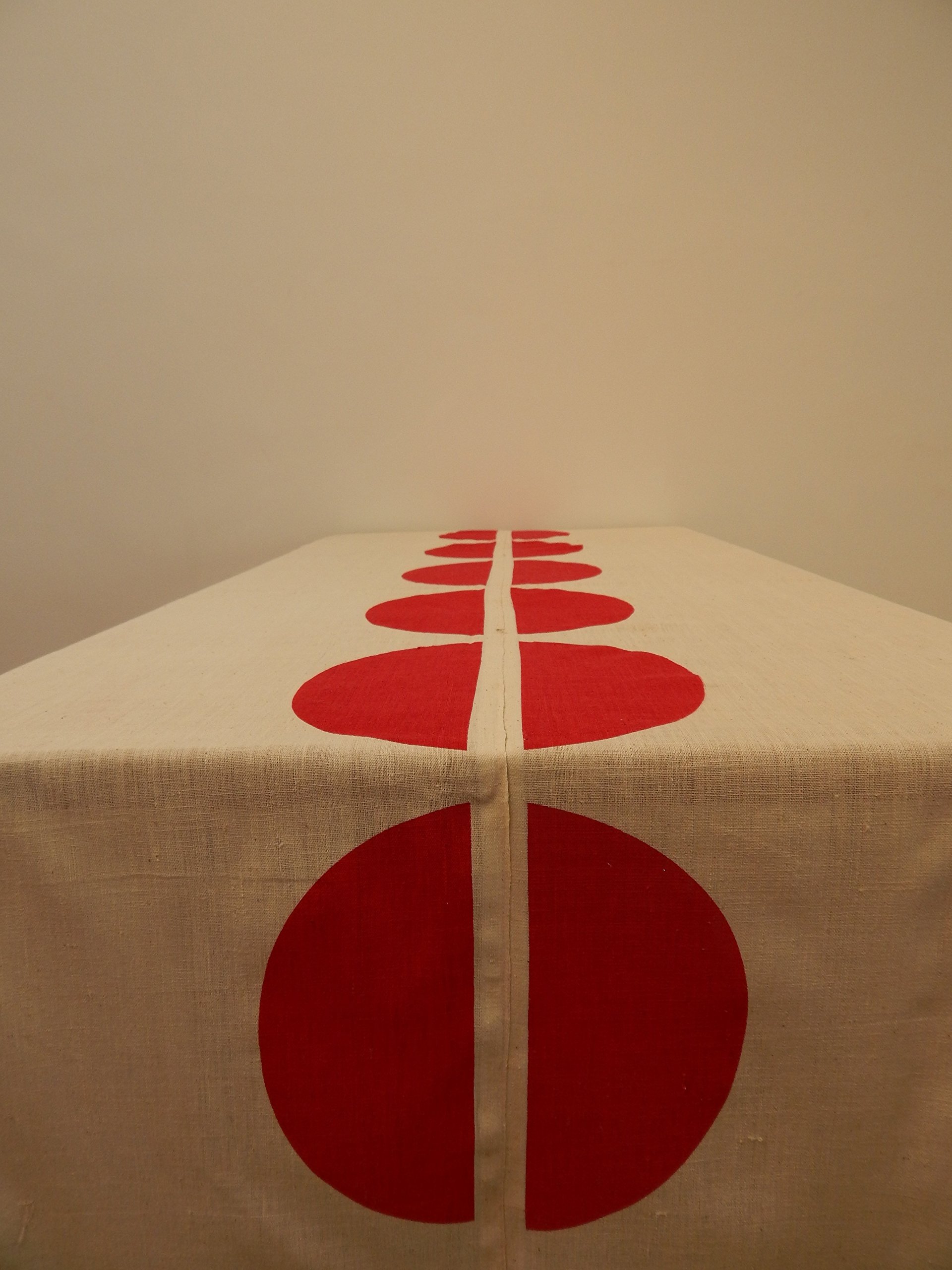 Gitika Goyal Home Cotton Khadi Red Screen Printed 72'' × 108" Table Cloth Centre Dot Design, Cream