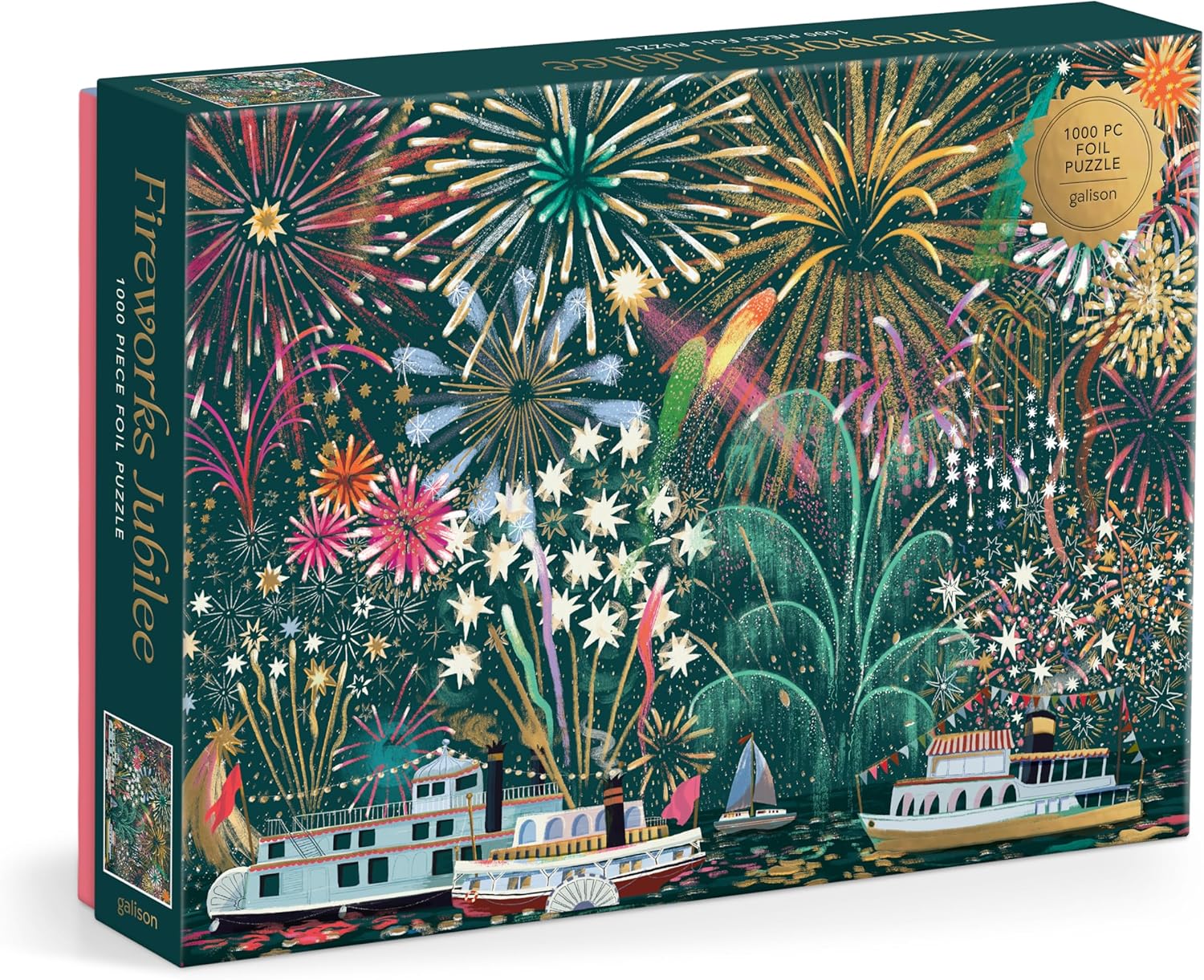 Galison Fireworks Jubilee – 1000 Piece Foil Jigsaw Puzzle Featuring Beautiful Artwork of Fireworks Overlooking Boats On The Water